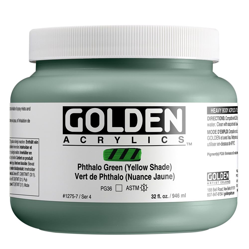 GOLDEN Heavy Body Acrylic Paint - Phthalo Green (Yellow Shade) 32 fl oz Jar - Professional Grade Transparent Acrylics for Canvas Painting, Murals & Fine Art