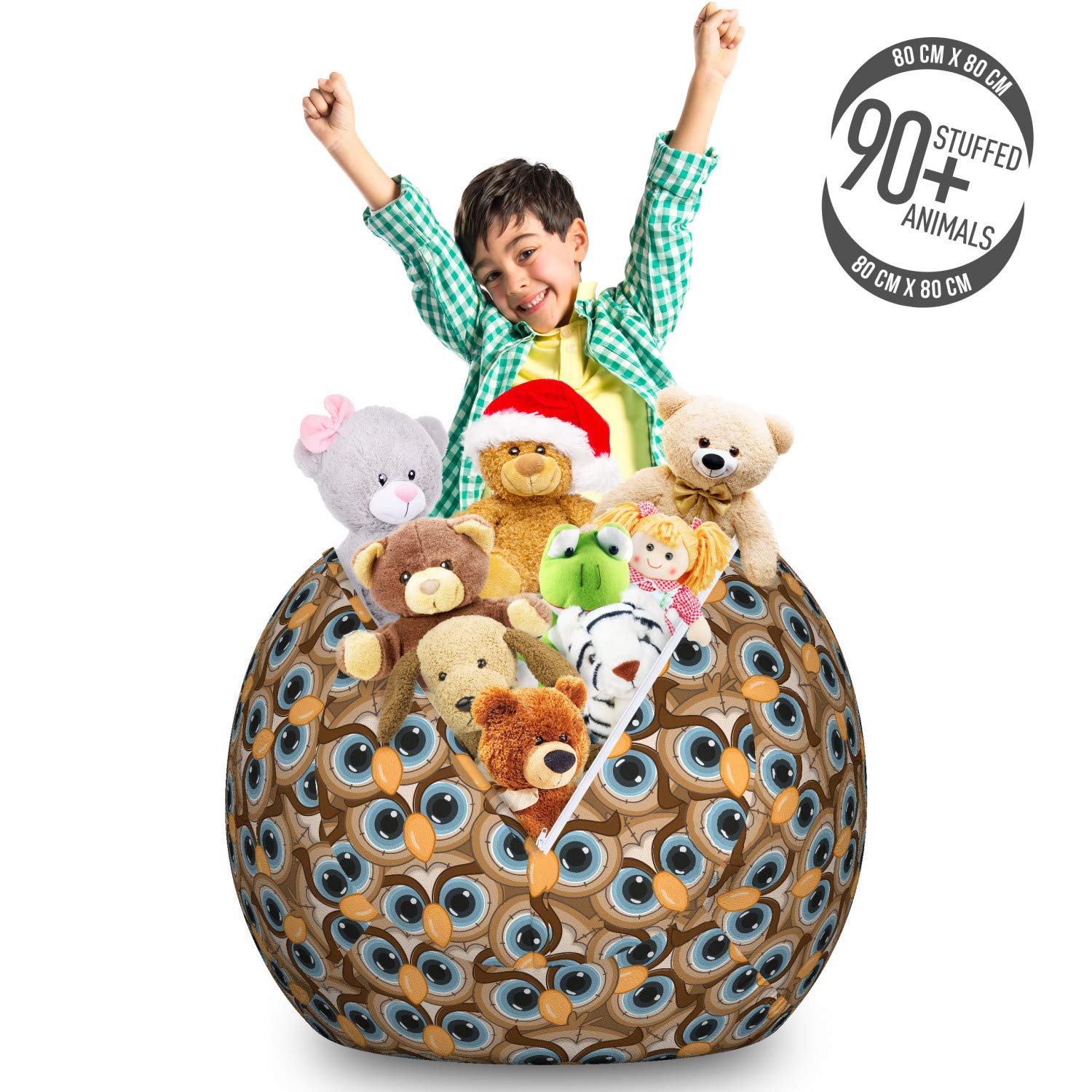 Ambesonne Owl Storage Bag Chair - Large Washable Toy Organizer with Fun Cartoon Animal Design, Blue Eyes Avian Portrait & Forest Fauna Pattern - Perfect for Kids' Room, Playroom, and Nursery Storage Solutions