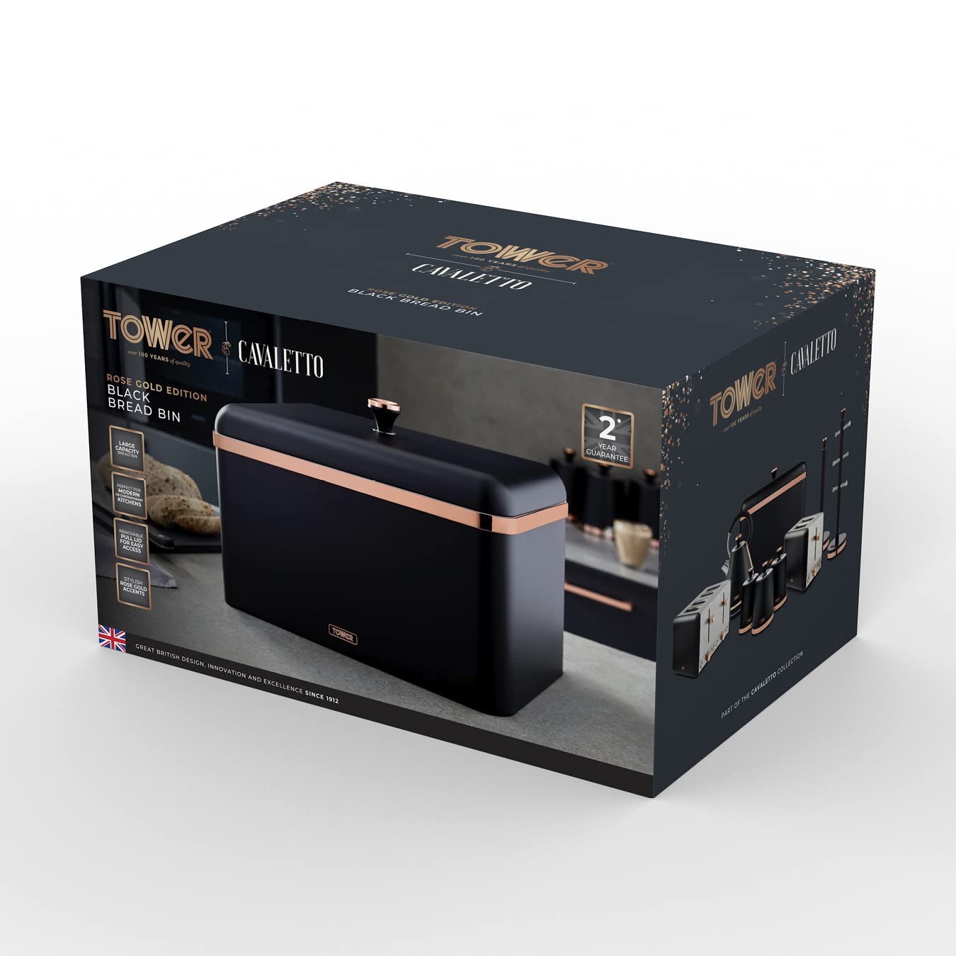 Premium Cavaletto Bread Bin with Removable Lid - Large Capacity Stainless Steel Bread Box for Kitchen Storage | Modern Black & Rose Gold Design | Perfect for Countertop Organization & Fresh Bread Keeping