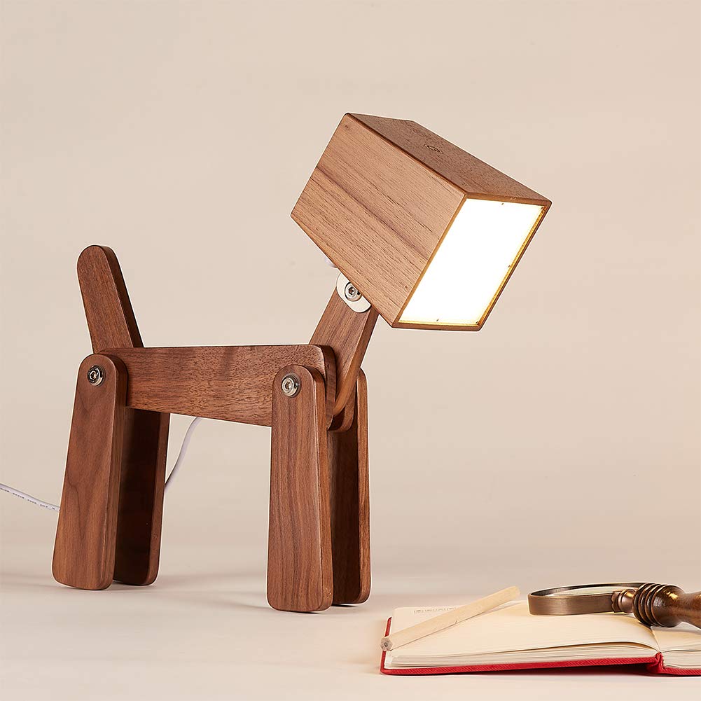 Super Cute Dog Table Lamp - Dimmable Touch Control Wooden Desk Lamp with Warm White Light for Kids Room, Bedroom, Bedside, Dorm & Farmhouse Decor | Perfect Gift for Friends, Boys & Girls (Walnut Color) | Study, Reading & Night Light Use