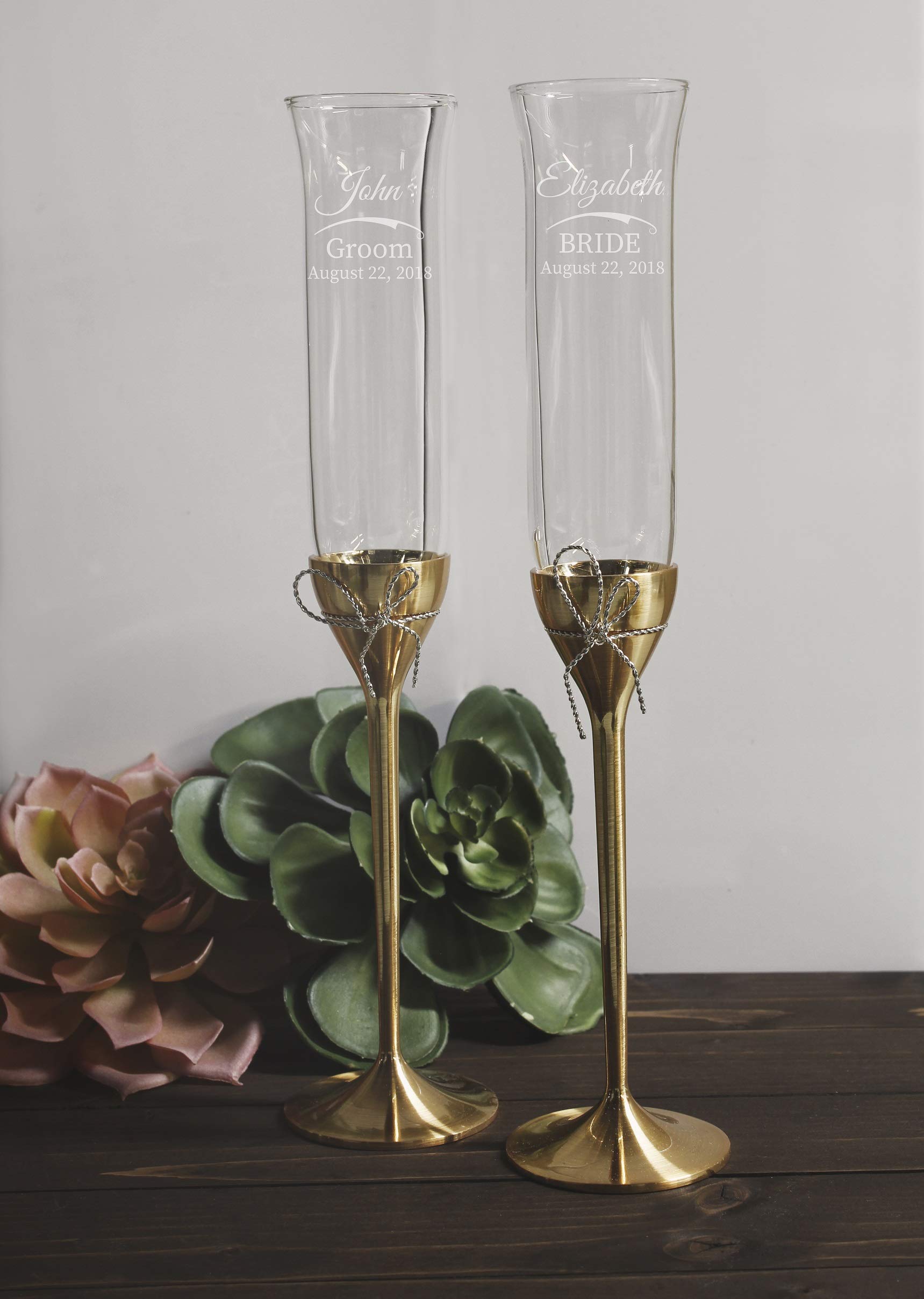 Vera Wang Love Knots Gold Personalized Wedding Champagne Flutes - Set of 2 Custom Engraved Glasses for Bride & Groom, Elegant Wedding Gift & Accessory - Perfect for Toasts, Anniversaries & Romantic Celebrations