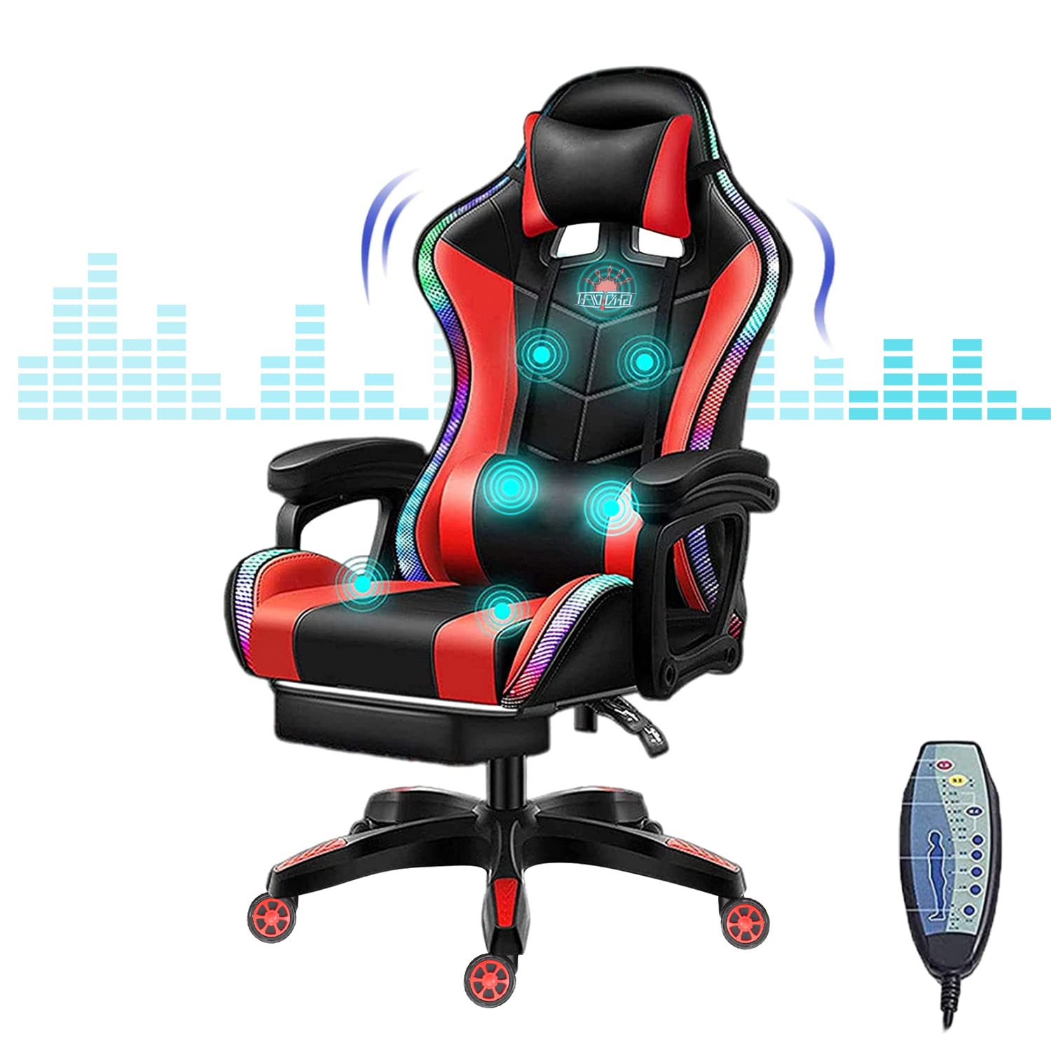 RGB Gaming Chair with Massage & Speakers - Ergonomic LED Light Video Game Chair, 90°-135° Reclining High Back PU Leather E-Sport Computer Chair with Headrest & Lumbar Support (Red) - Perfect for PC Gaming, Streaming & Home Office Setup