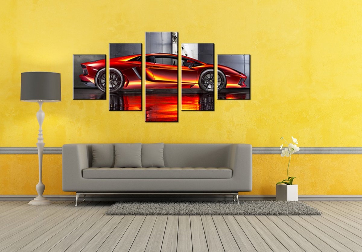 Orange Lamborghini Supercar Canvas Wall Art - 5 Piece 60x32