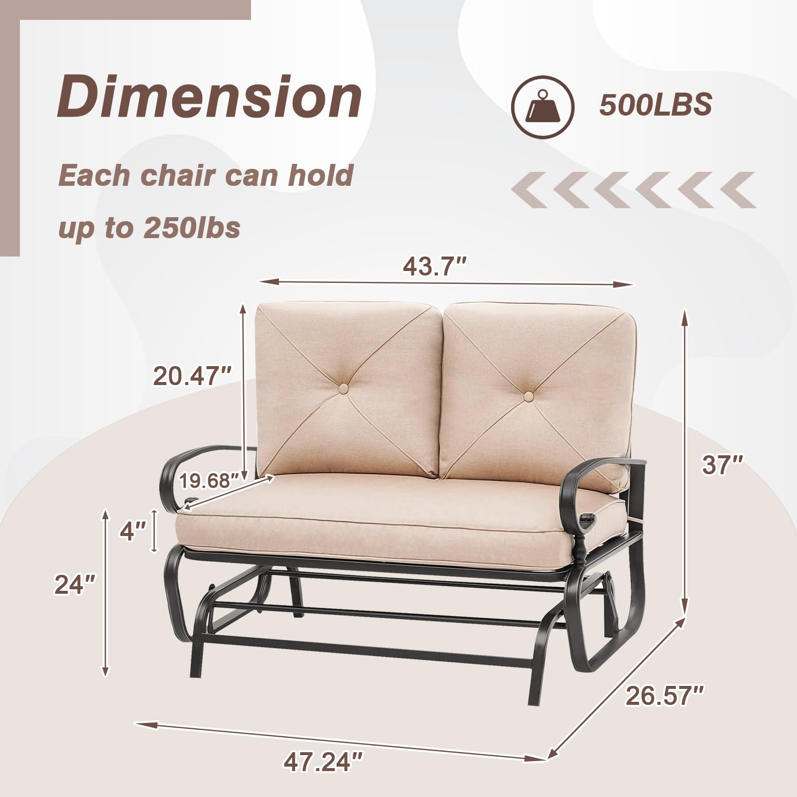Outdoor Glider Rocking Bench for 2 Person - Steel Frame Patio Loveseat with Weather-Resistant Cushions - Perfect for Garden, Yard, Porch & Backyard Relaxation (Brown)