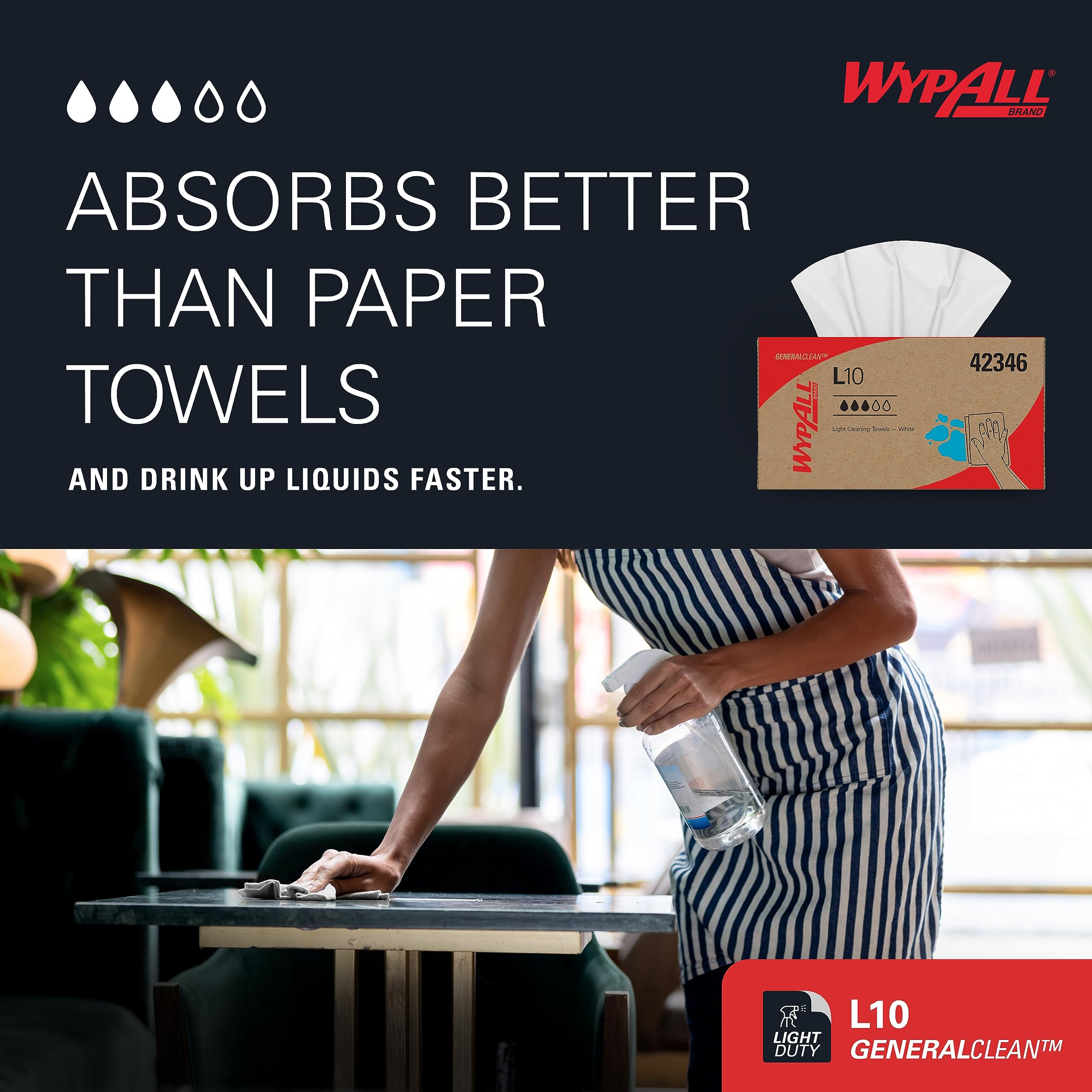 WypAll GeneralClean L10 Light Duty Cleaning Wipes - 24 Packs (250 Sheets Each, 6000 Total) | Pop-Up Dispenser Box | White Industrial Wipes for Workshop, Garage & Office Cleaning | Multi-Surface Disposable Cloths