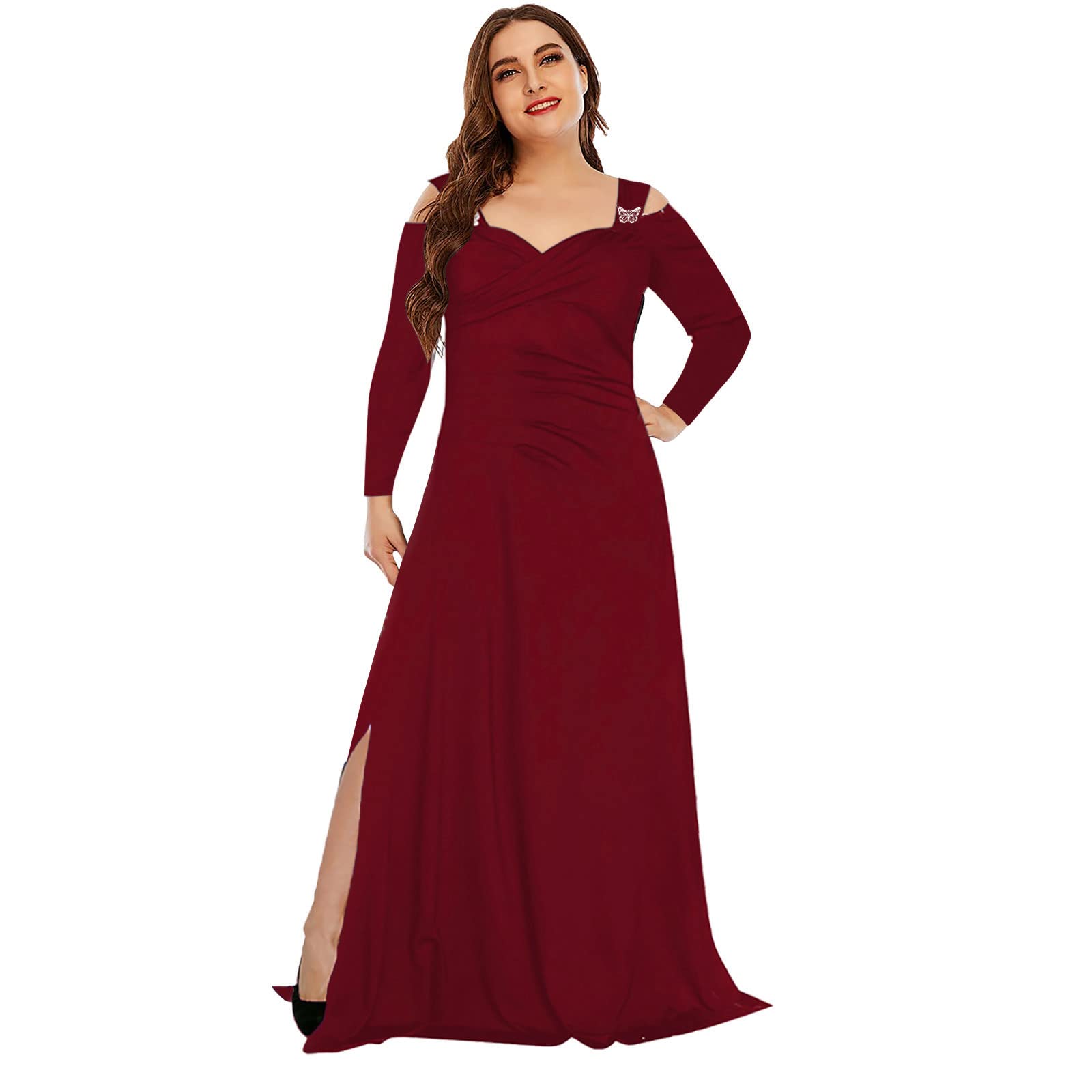 SHOPESSA Plus Size Wrap Dress for Women - Elegant Cold Shoulder V Neck Maxi Dress with Long Sleeves & Side Slit | Perfect for Wedding Guest, Formal Events & Special Occasions