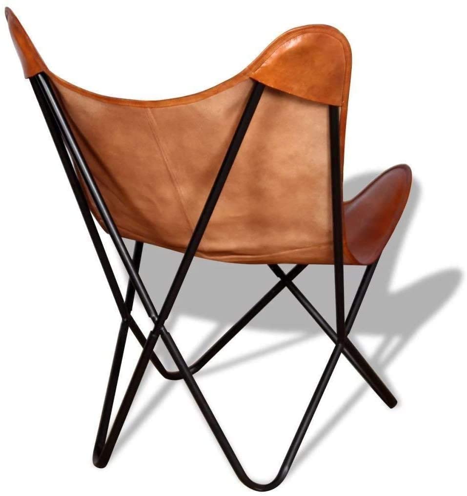Genuine Tan Leather Butterfly Chair with Stand – Foldable Armrest Lounge Chair for Living Room, Patio & Outdoor – Home Decor & Comfortable Seating Furniture
