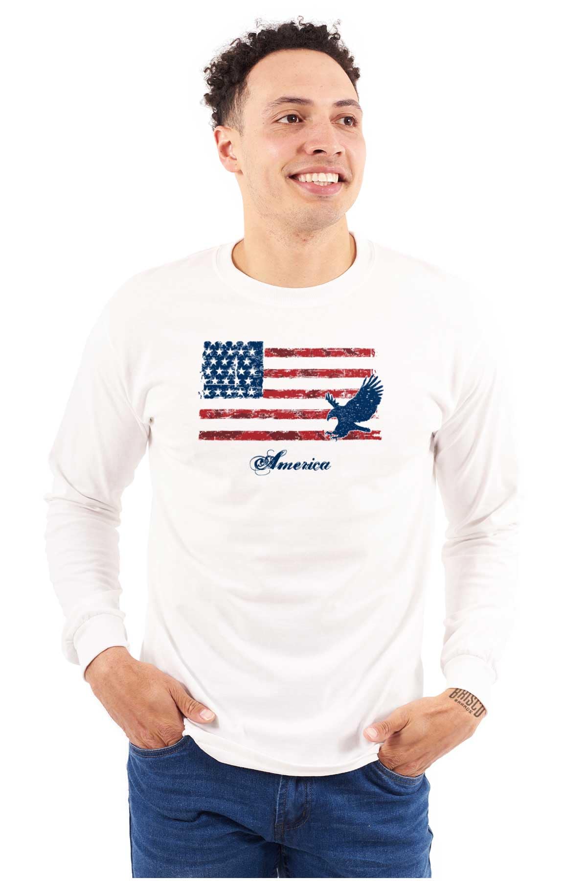 Patriotic American Flag & Eagle Long Sleeve T-Shirt for Men & Women - Durable Comfort Wear for Outdoor Activities, Casual Style & 4th of July Celebrations