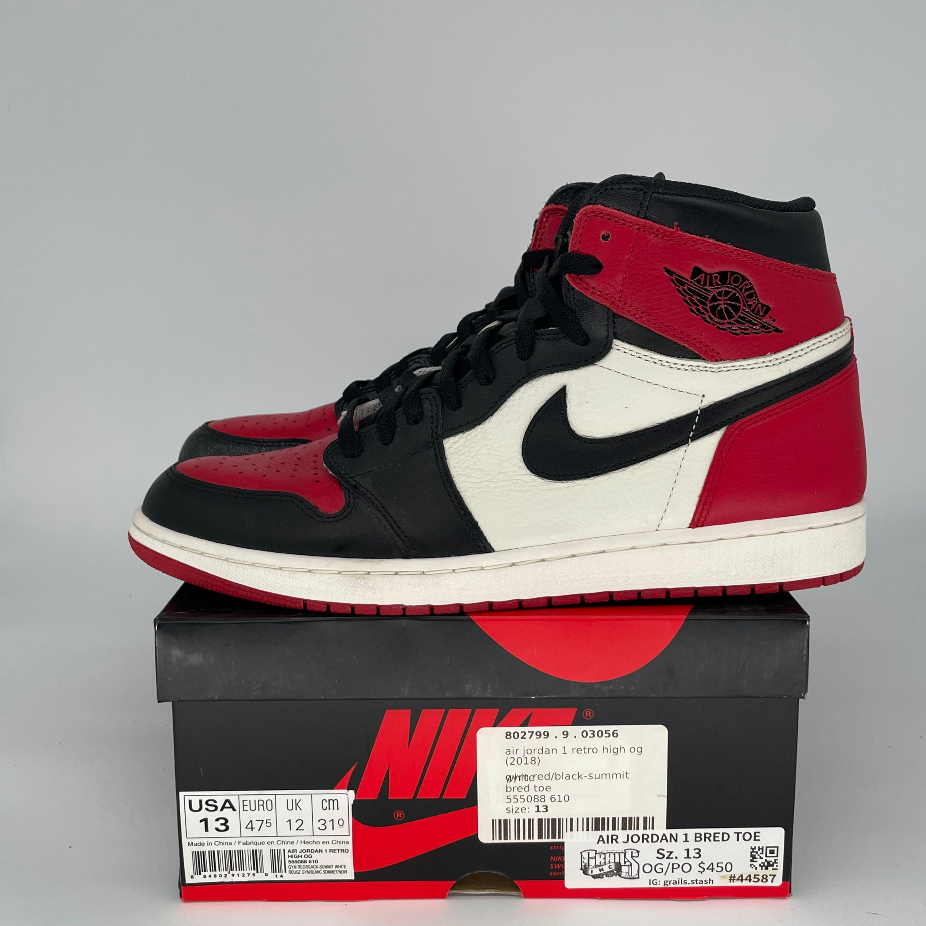AIR JORDAN 1 BRED TOE Men's Basketball Shoes Size 13 - Black/Red/White (555088-610) | Retro High OG Sneakers for Streetwear, Basketball & Casual Outfits