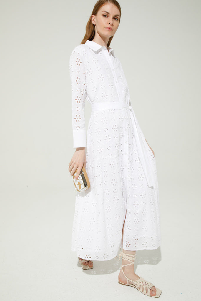 Elysa Broderie Anglaise White Shirt Dress for Women - Elegant Summer Cotton Dress for Office, Date Night & Casual Outings