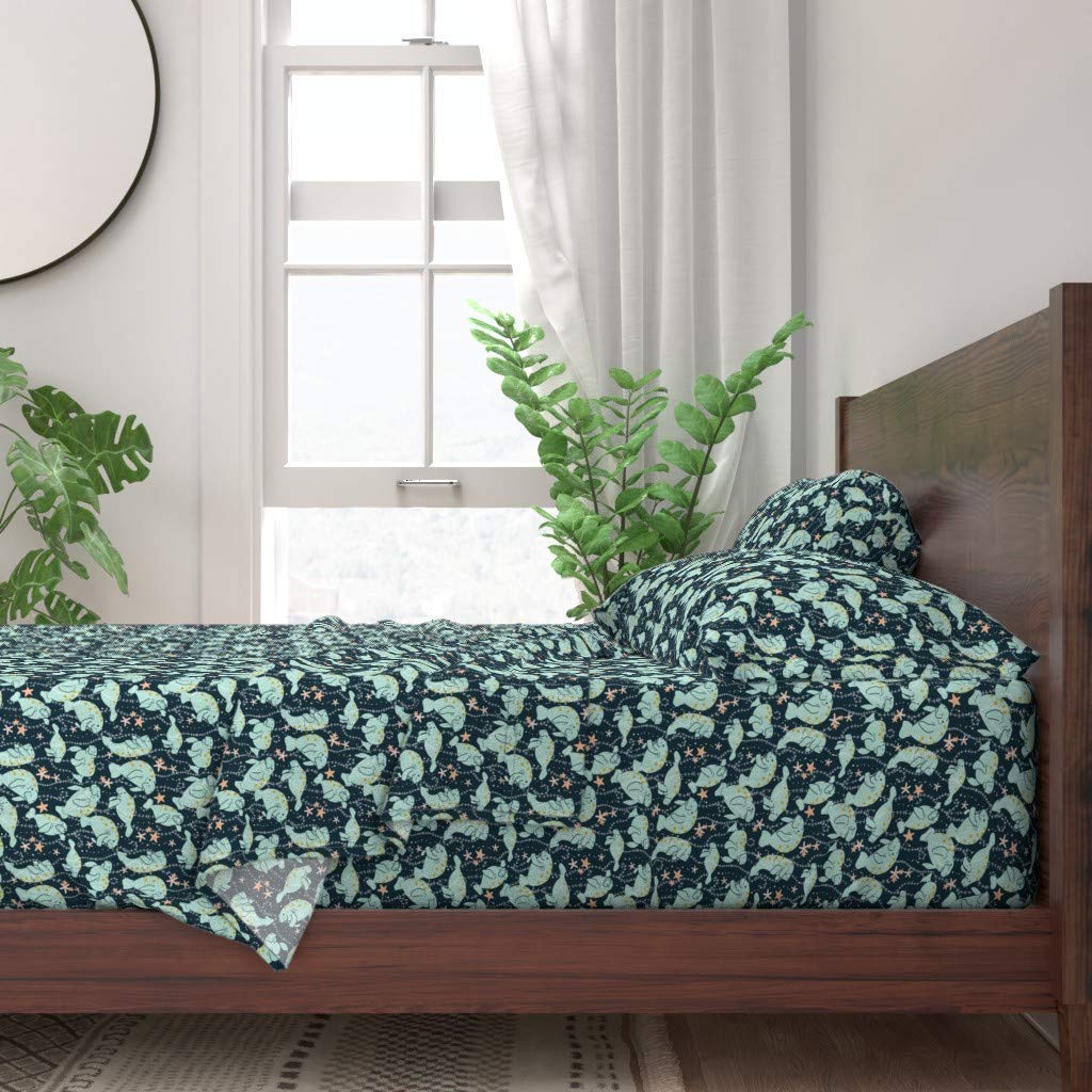 100% Cotton Queen 4-Piece Sheet Set | Manatee Sea Cow Mermaid Ocean Print | Gender Neutral Nursery Bedding | Soft Breathable Sheets for Kids & Adults | Perfect for Coastal Themed Rooms & Beach House Decor