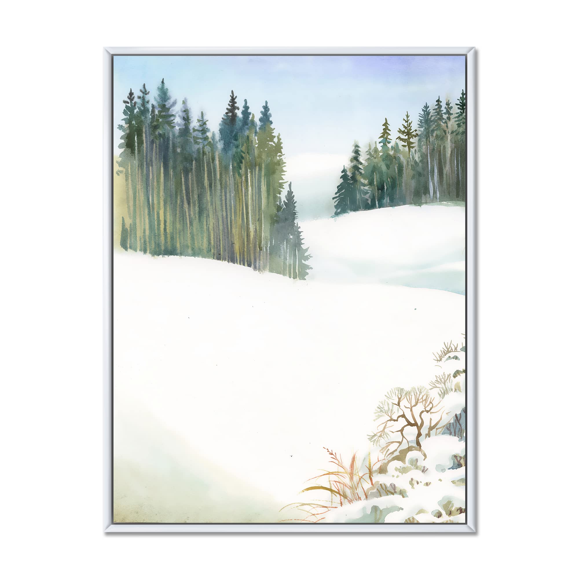 Pine Forest in Snowy Winter Landscape - Traditional Framed Canvas Wall Art Print for Home & Office Decor | Winter Scenery Painting for Living Room, Bedroom, or Gift