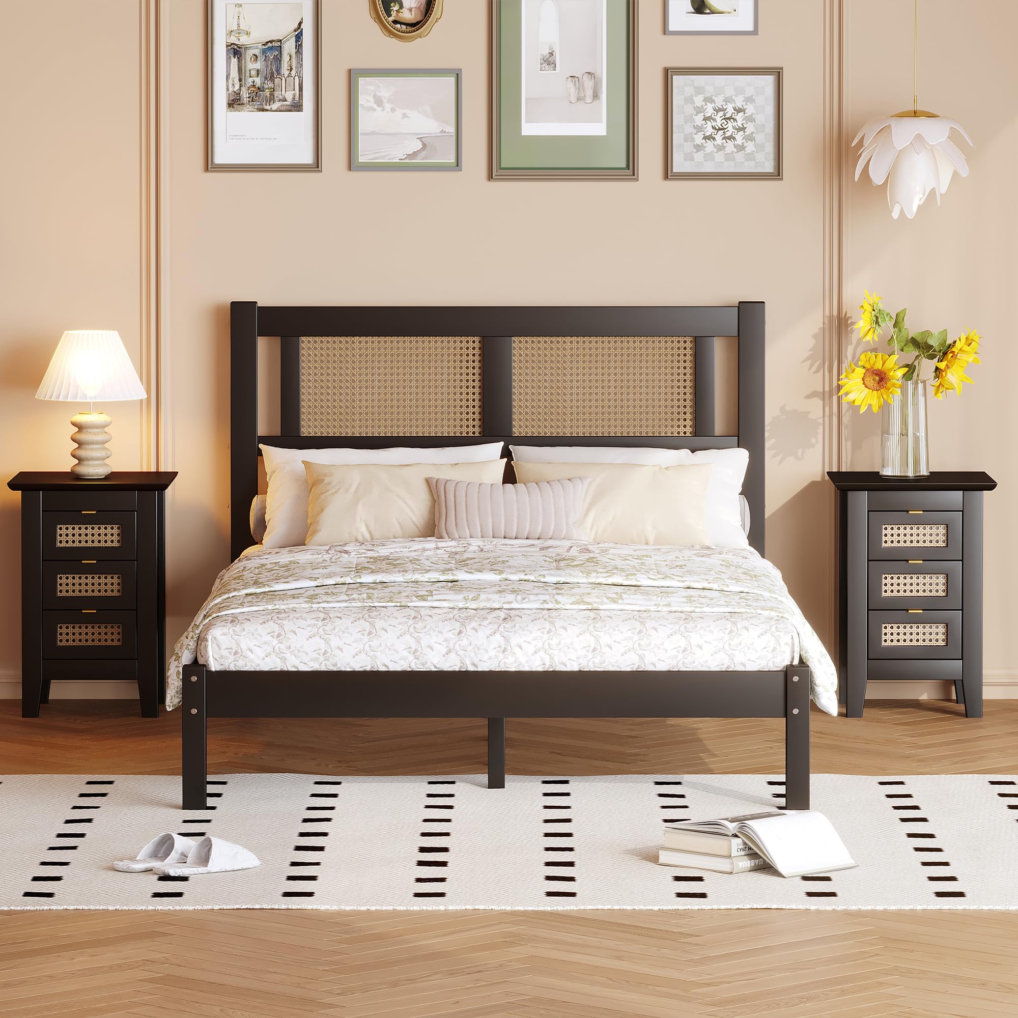 Merax Full Size Bohemian Platform Bed Frame with Wooden Headboard & 2 Rattan Nightstands - 3-Piece Bedroom Set with Storage Drawers (Black) - Perfect for Modern Boho Bedrooms, Guest Rooms & Small Spaces