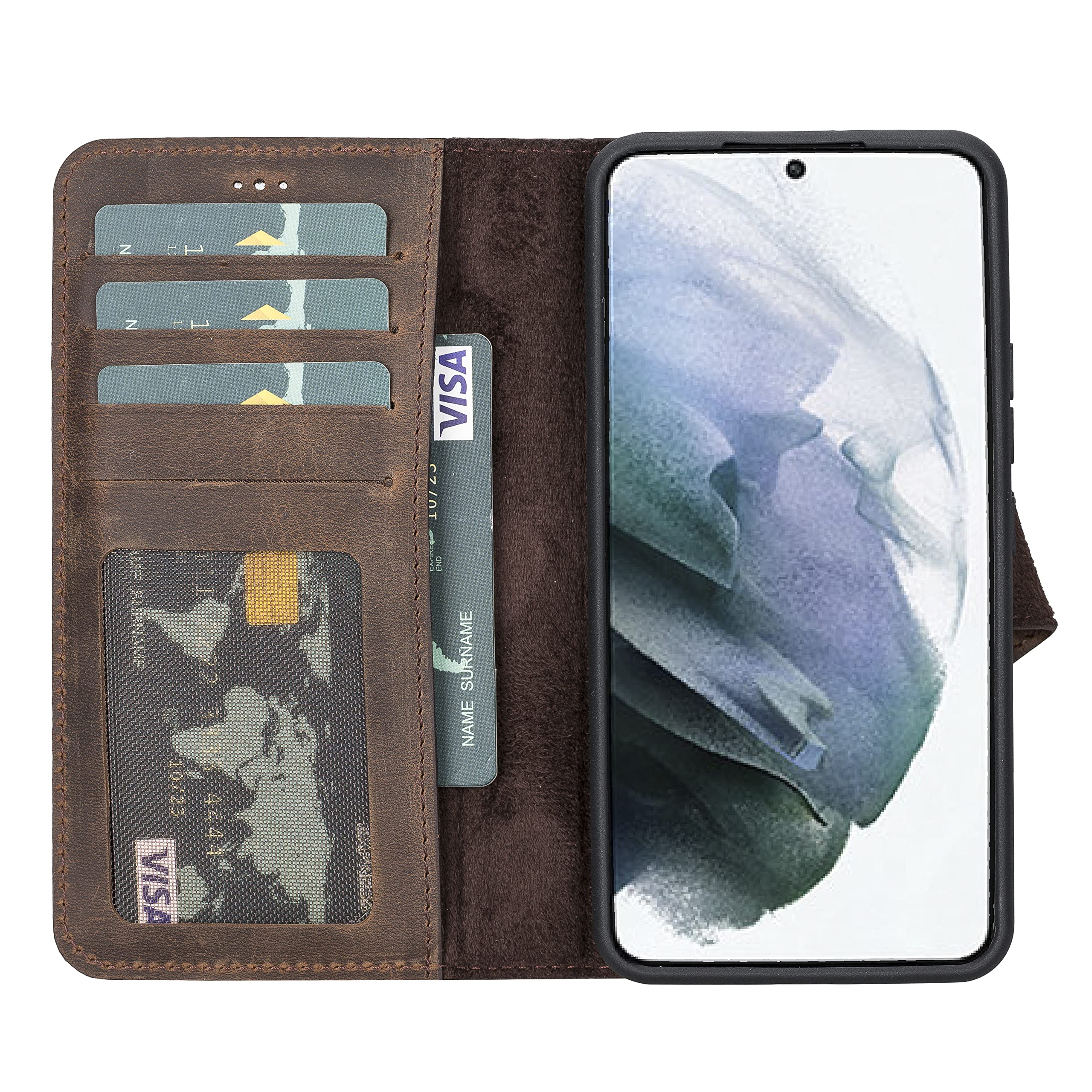 Premium Full Grain Leather Samsung Galaxy S22 Wallet Case - Detachable Magnetic Flip Cover with Kickstand & Card Holder (Brown) | Perfect for Business Professionals & Travelers