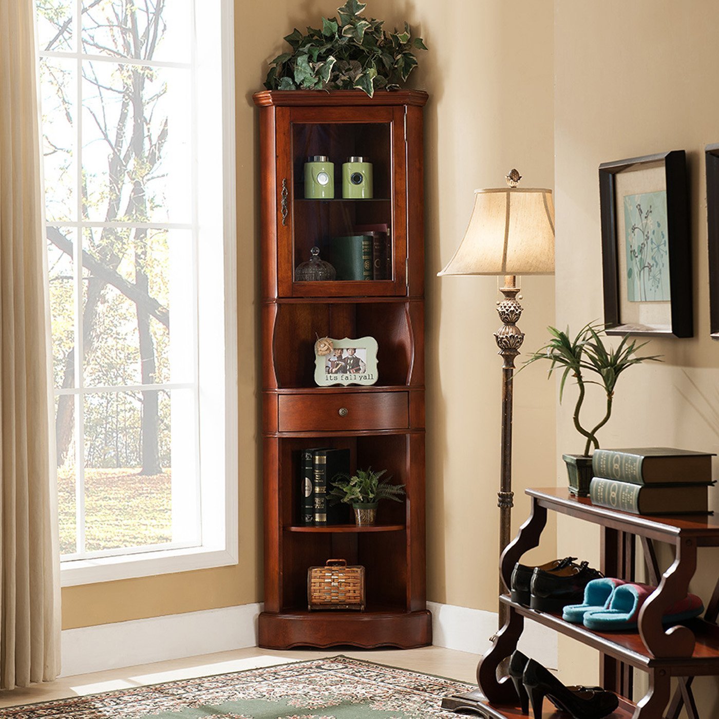 Handcrafted Cedar Wood Corner Curio Cabinet with Glass Doors - Vintage Display Cabinet for Collectibles, Antiques & Home Decor | Perfect for Living Room, Bedroom or Office Display