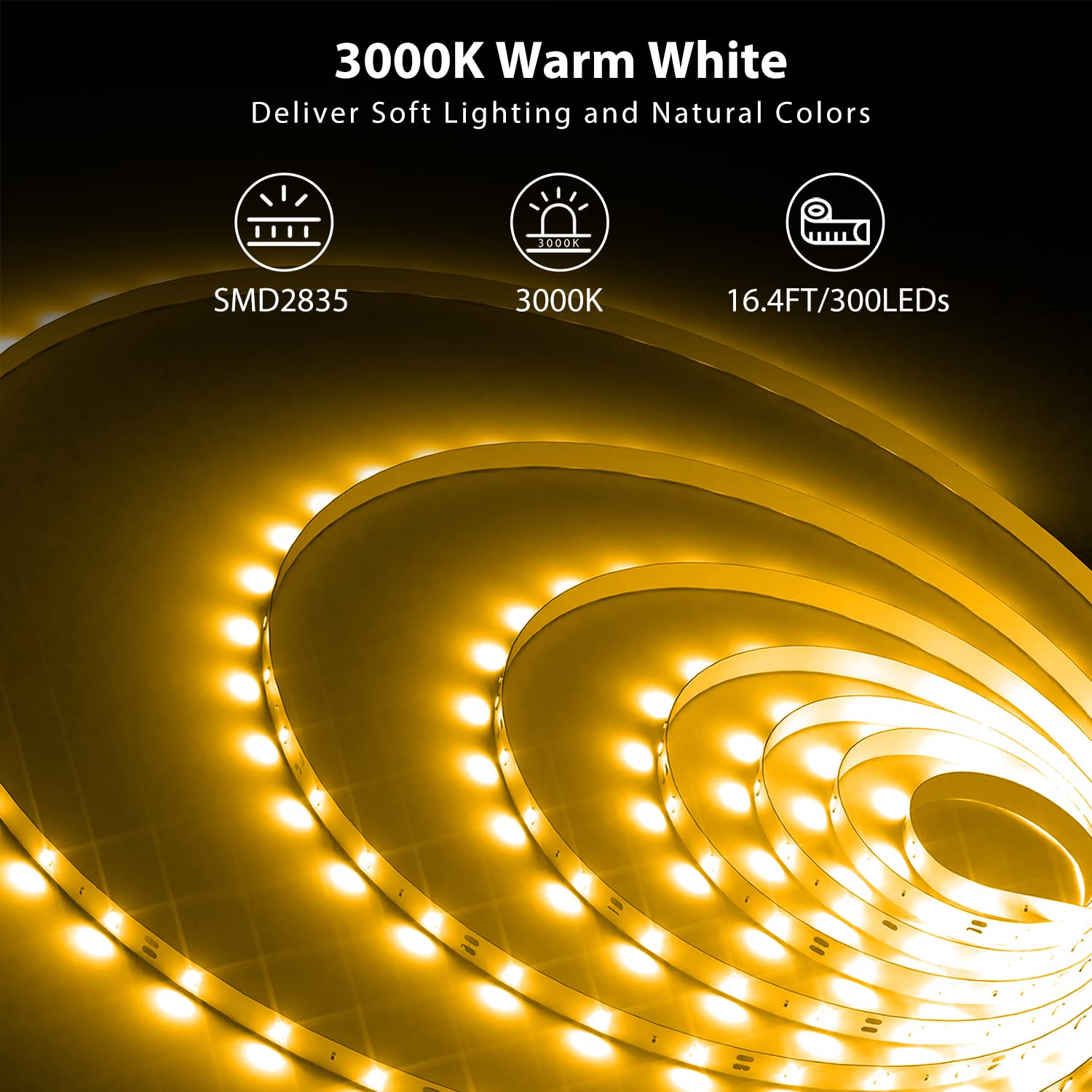 DAYBETTER 16.4ft Warm White LED Strip Lights - 3000K Dimmable Rope Light, Super Bright 12V LED Tape for Bedroom, Kitchen, Mirror & Home Decor - Perfect for Accent Lighting, Under Cabinet Illumination, and DIY Interior Design Projects