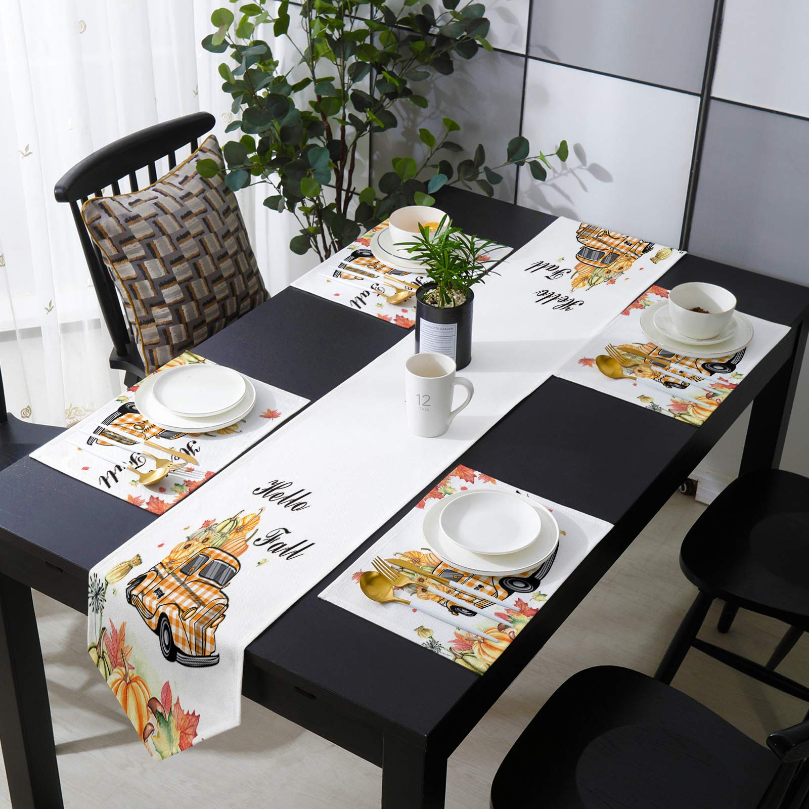 6-Piece Thanksgiving Table Runner Set - Non-Slip Placemats & Decorative Table Runner (16x72 inches) for Coffee Table, Kitchen, TV Stand - Fall Maple Pumpkin Truck Design - Perfect for Autumn Decor & Holiday Gatherings
