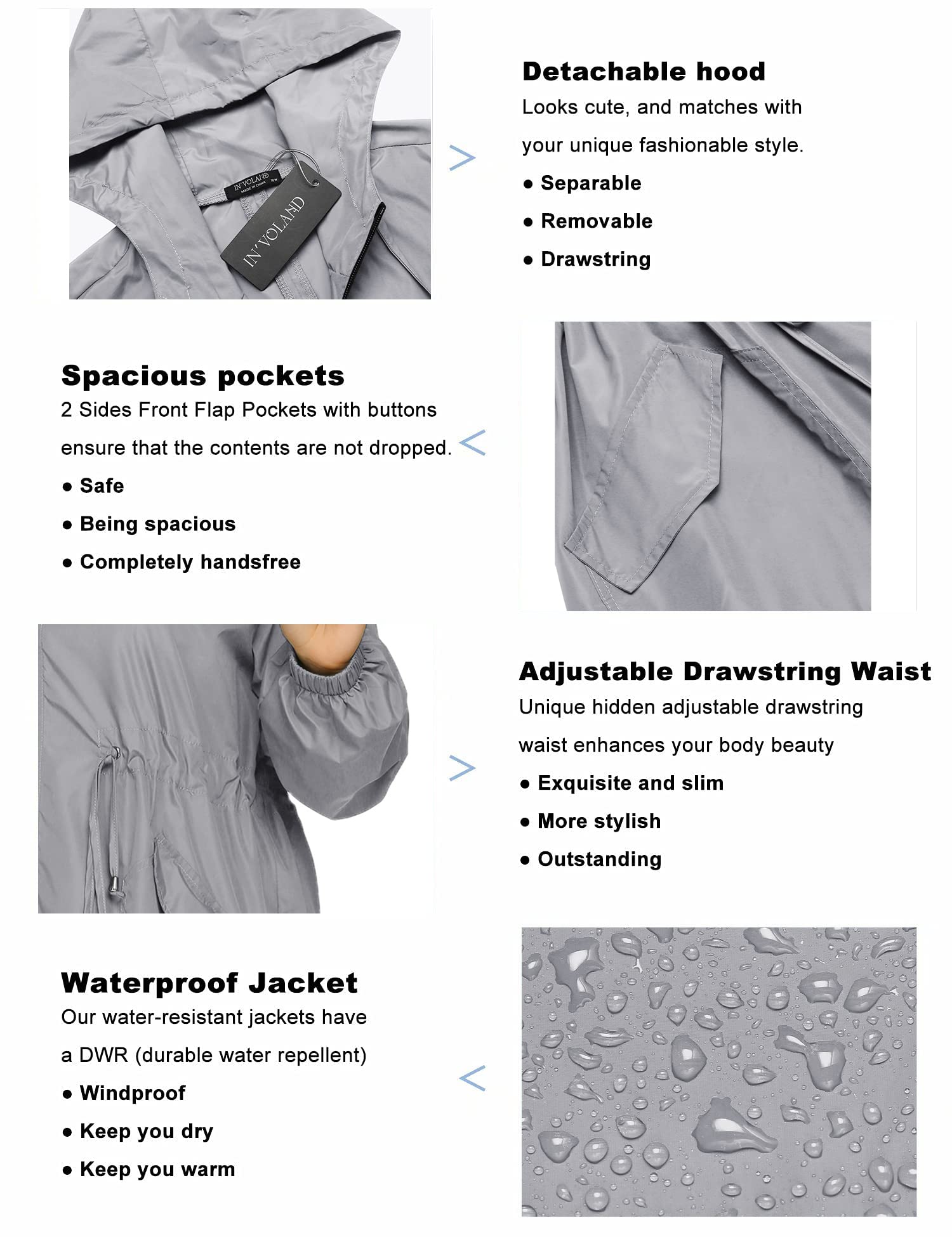 IN'VOLAND Women's Plus Size Lightweight Waterproof Rain Jacket with Hood & Pockets - Long Windproof Raincoat for Outdoor Hiking, Commuting & Travel