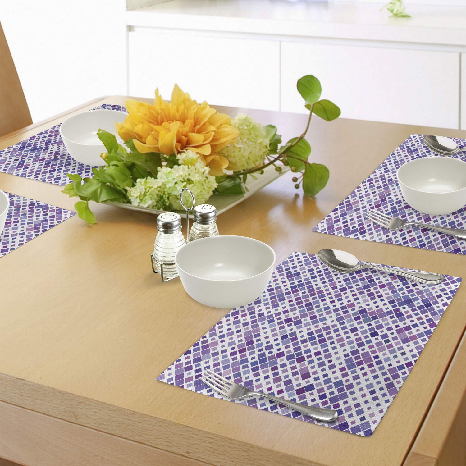 Ambesonne 4-Piece Lavender Placemats Set - Retro Mosaic Abstract Art Print Square Table Mats - Washable Fabric Dining Decor for Kitchen & Dining Room - Violet Purple White - Perfect for Dinner Parties, Holiday Gatherings & Everyday Meals