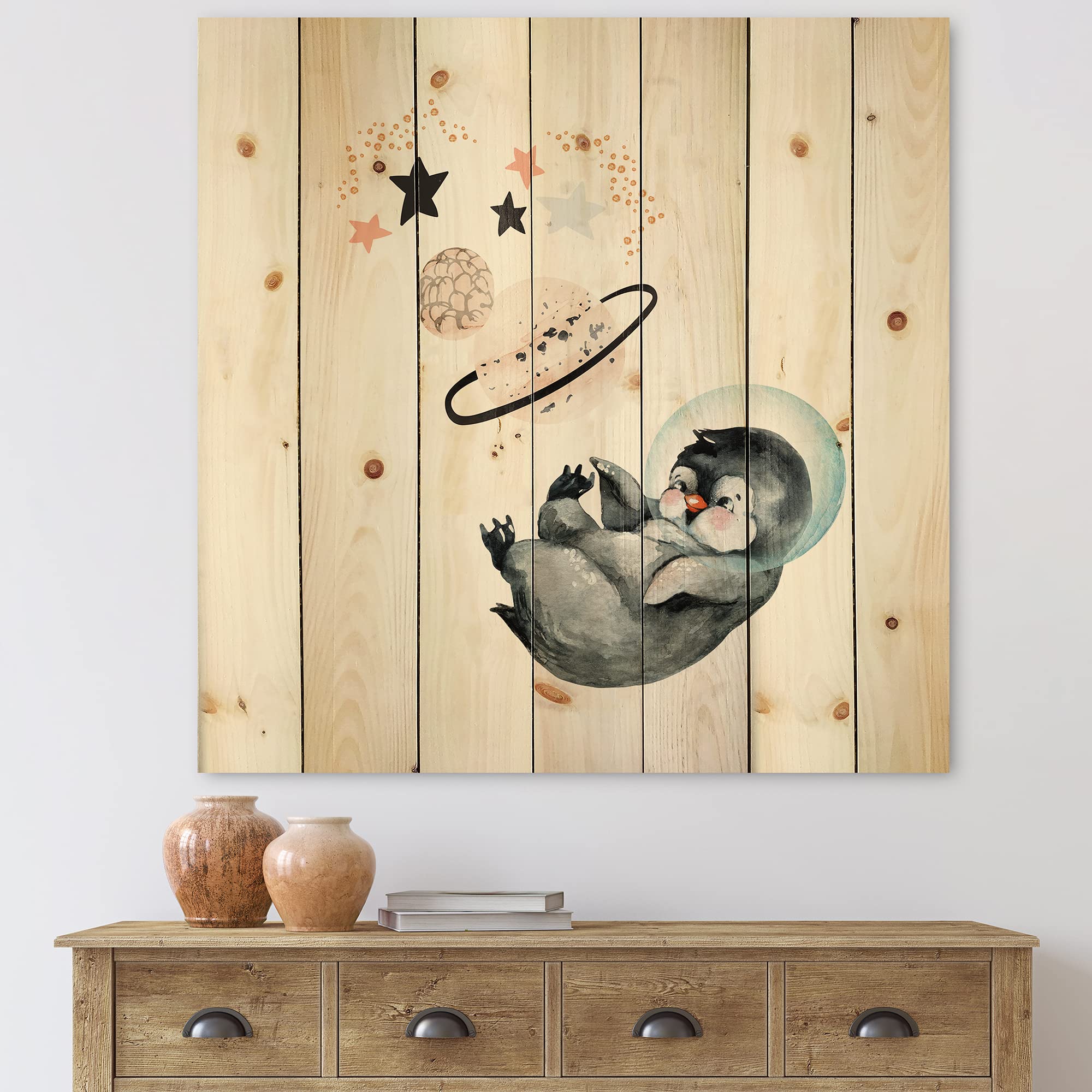 Farmhouse Wood Wall Decor - Little Penguin with Stars & Planets, Grey Wood Wall Art, Large Animal Wood Panels Printed on Natural Pine - Perfect for Nursery, Kids Room & Living Room Decor