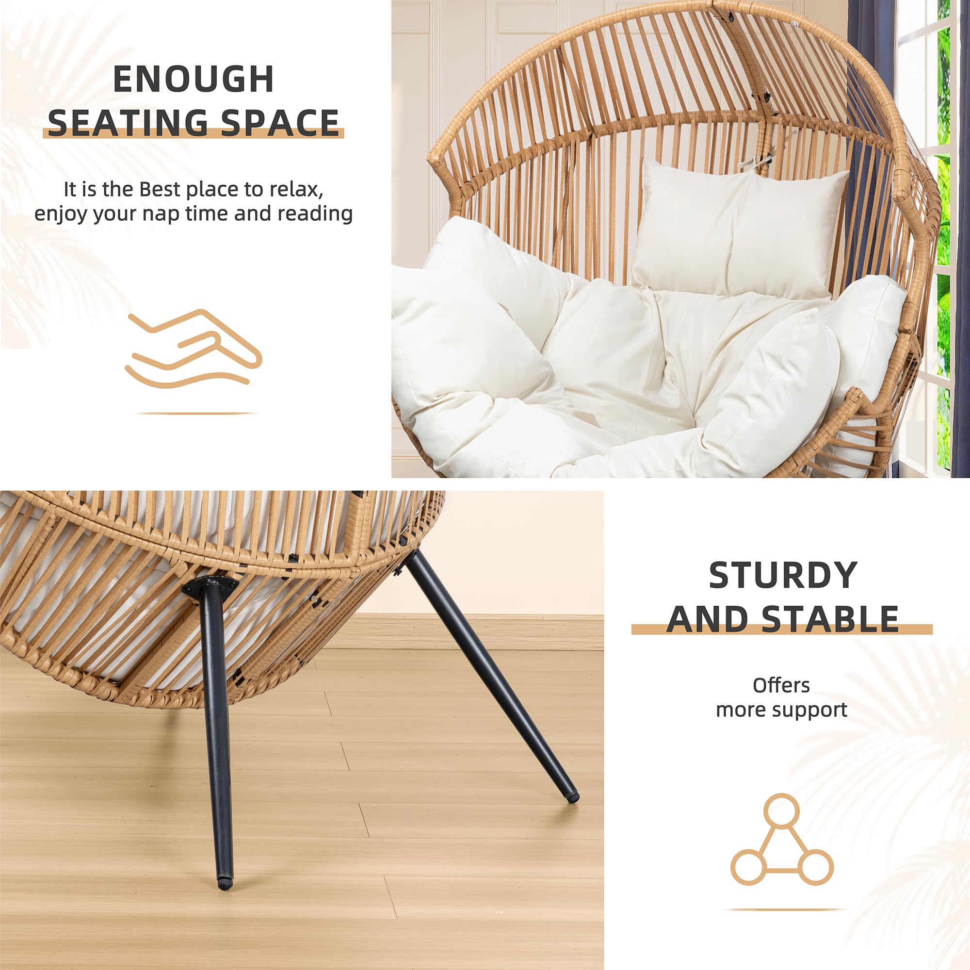 Vongrasig PE Rattan Egg Chair with Cushion - Oversized Wicker Hanging Chair for Patio, Garden, Balcony & Indoor Use - Comfortable Outdoor Lounge Chair in Beige - Perfect for Relaxing, Reading & Sunbathing