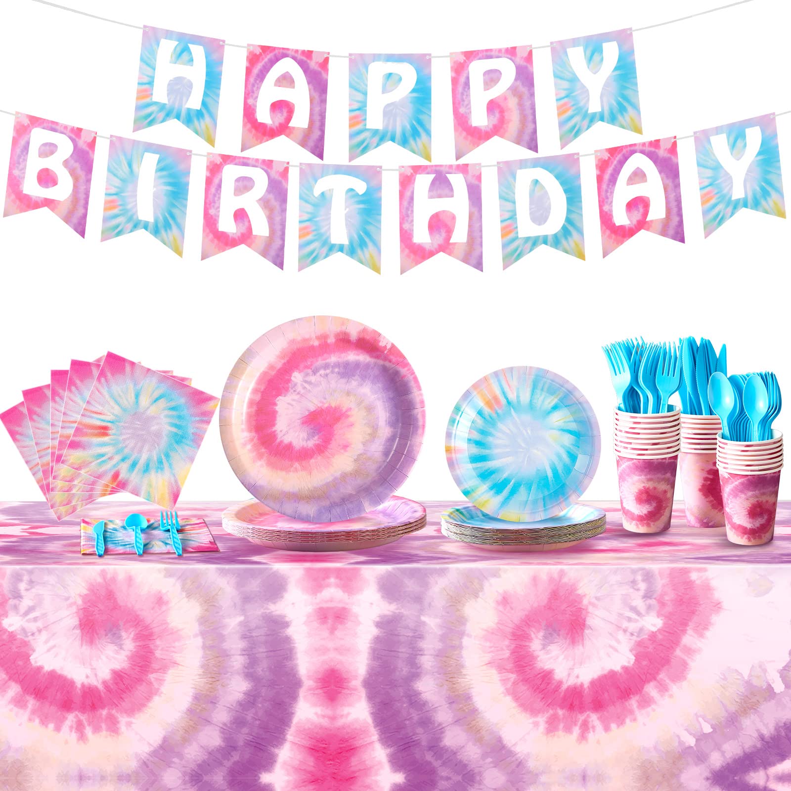 Vintage Style Tie Dye Birthday Party Decorations Kit - Colorful Tablecloth, Plates, Napkins, Cups & Banner Set for Birthday Party Supplies, Baby Shower, Graduation & Themed Events - Perfect Party Decor Gifts