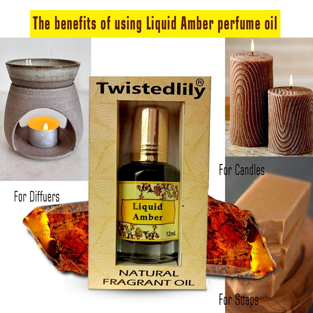 Twisted Lily Liquid Amber Perfume Oil Roll-On (12ml) - Unisex Fragrance for Women & Men, Amber Wood Scent, Long-Lasting Essential Oil Perfume - Perfect for Daily Wear, Date Nights & Gifts