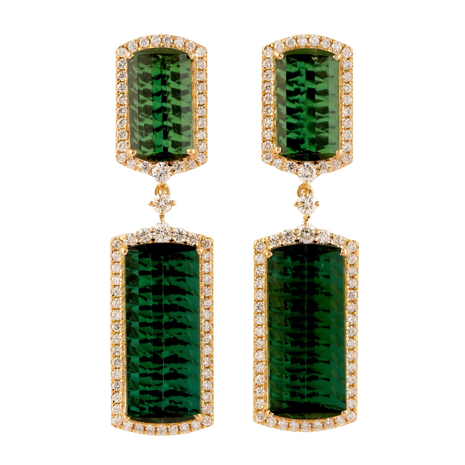 18K Yellow Gold Green Tourmaline Pave Diamond Dangle Earrings for Women - Elegant Party & Evening Wear Jewelry Gift