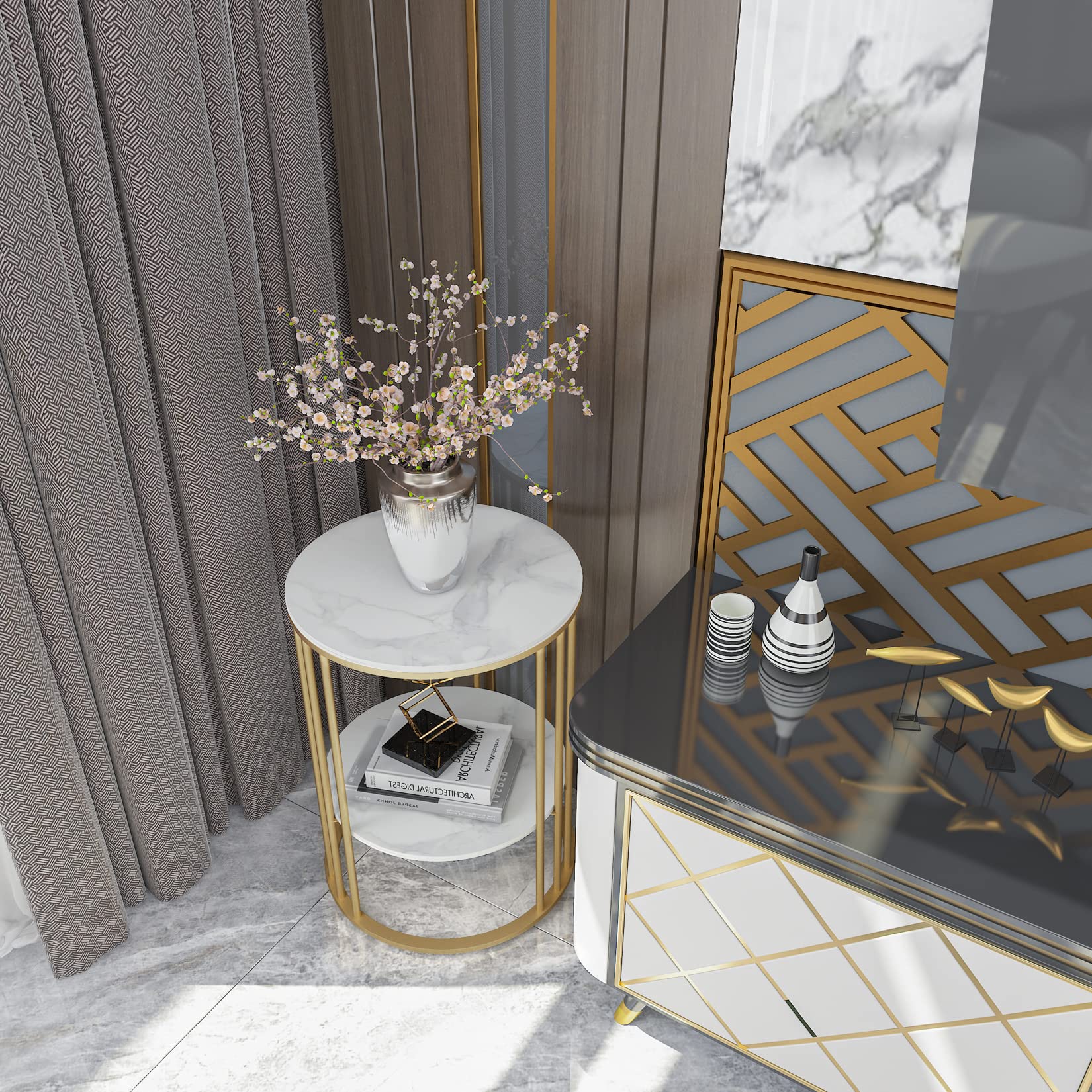 Wisfor Sintered Stone End Table - 2 Tier Round White Side Table with Golden Frame - Modern Small Coffee Table & Nightstand for Living Room, Bedroom - Perfect for Holding Drinks, Books & Decor