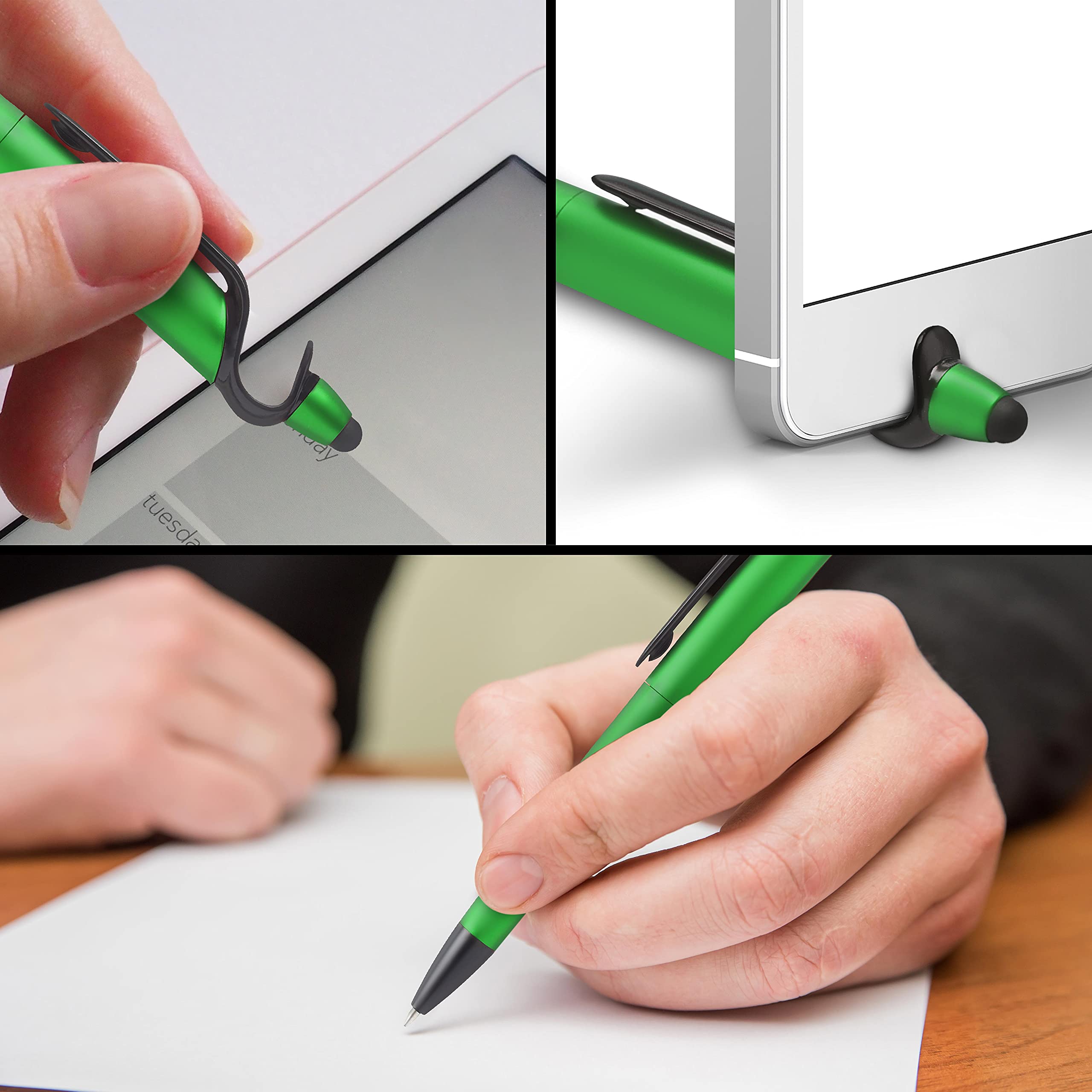 10-Pack 3-in-1 Multi-Function Plastic Pens with Stylus Tip & Phone Stand - Custom Text/Logo Printing - Ballpoint Black Ink (Green) - Perfect for Office, School & Business Promotions