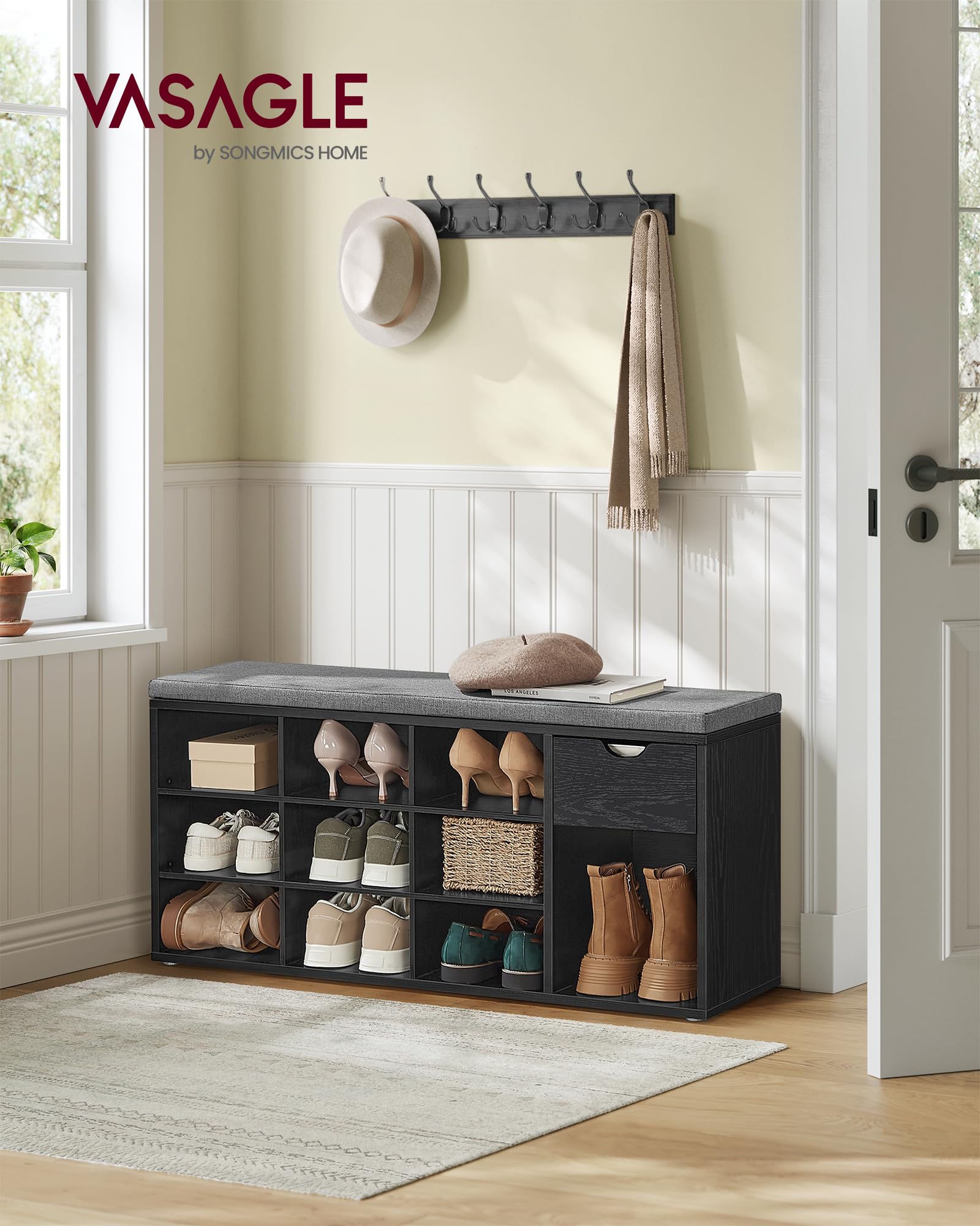 VASAGLE Storage Bench with Cushion, Entryway Bench with Drawer & Open Compartments, Multi-Functional Storage Seat for Living Room, Bedroom, Closet - Ebony Black & Slate Gray ULHS024B02 | Perfect for Small Spaces, Hallway Organization & Extra Seating