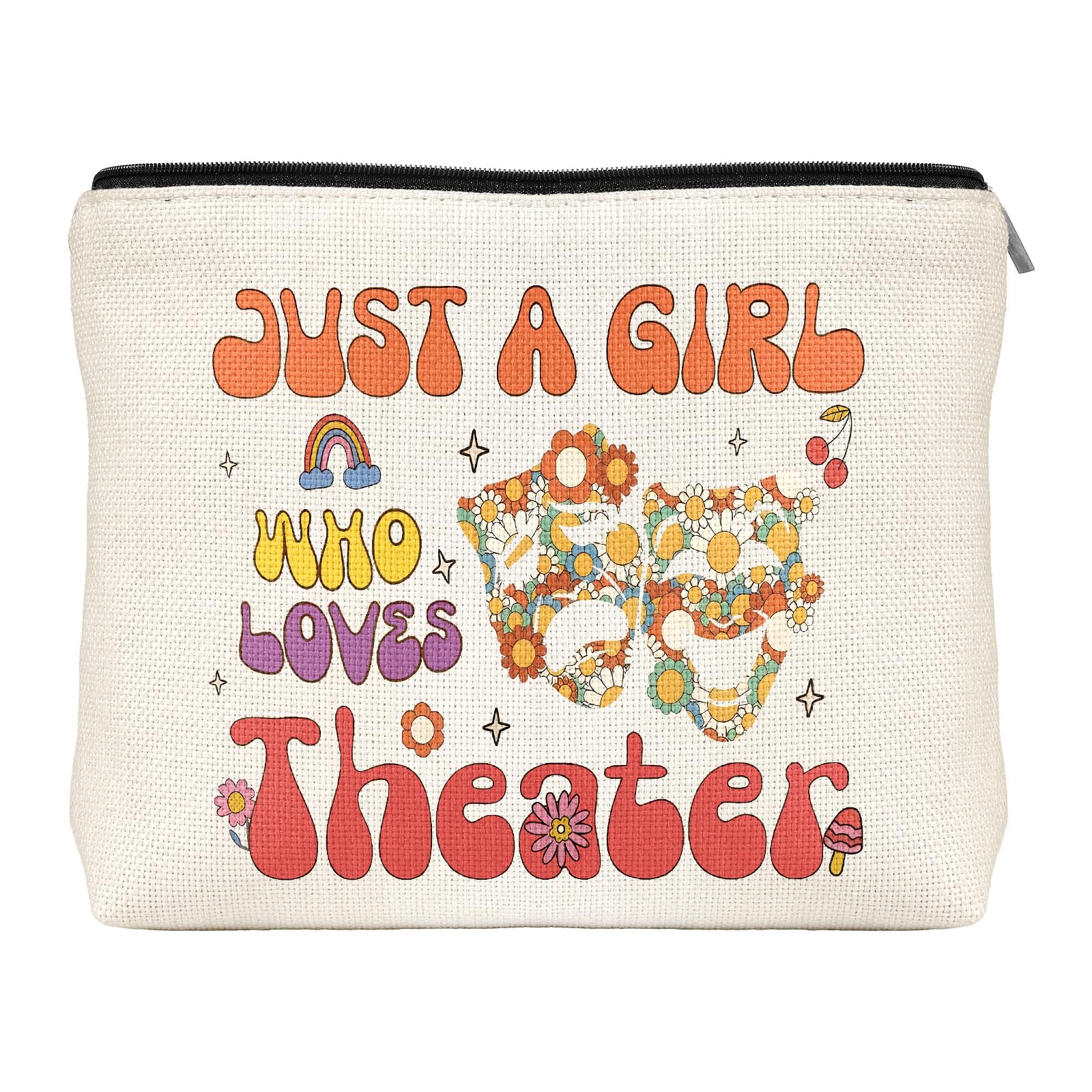 Funny Theater Makeup Bag for Women - Retro Flower Boho Rainbow Travel Toiletry Bag - Perfect Gift for Theater Lovers, Teens, Moms & Grandmas - Great for Birthday, Travel & Backstage Essentials