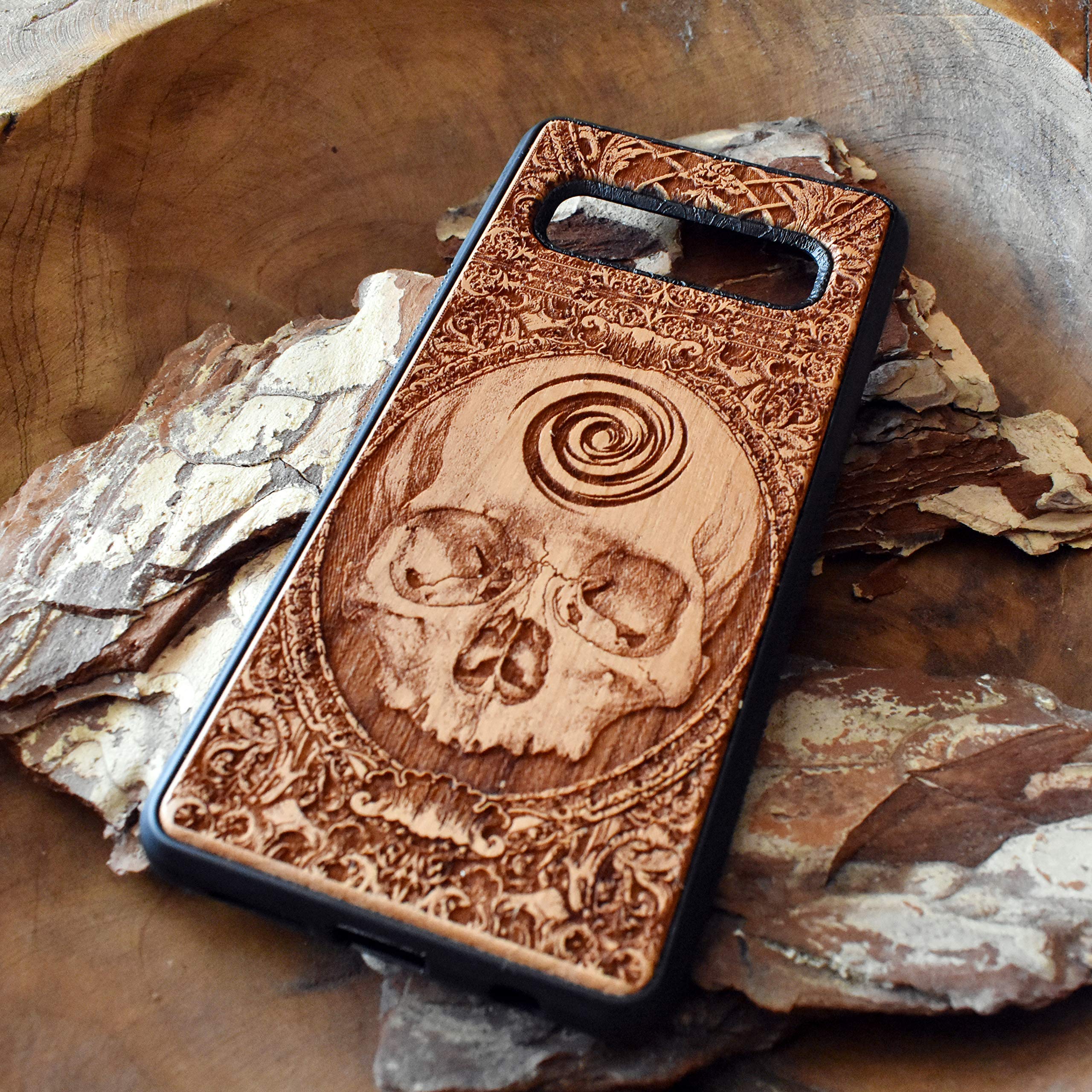 Skull Wooden Phone Case Compatible with iPhone 16/15/14/13/12/11 Pro Max Mini & Samsung Galaxy S25/S24/S23/S22/S21/S20 Ultra Plus - Eco-Friendly Slim Durable Wood Cover for Everyday Protection & Style