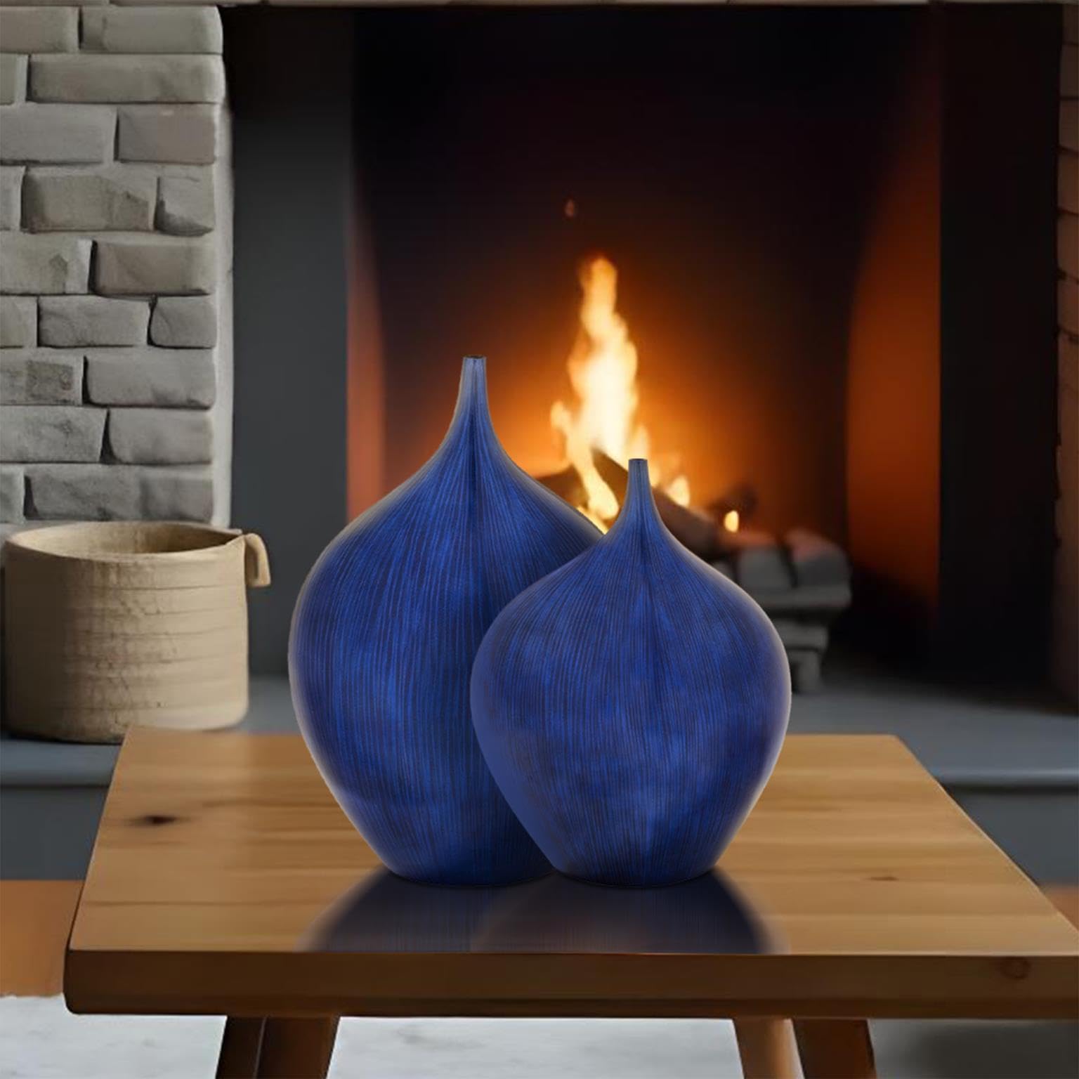 Howard Elliott Cobalt Blue Wooden Vase - Handcrafted Home Decor with Rich Cobalt Blue & Brushed Black Lacquered Finish - Perfect for Table Centerpiece, Flowers, Console Table & Living Room Decor - Ideal for Farmhouse, Modern & Boho Style Home Decor
