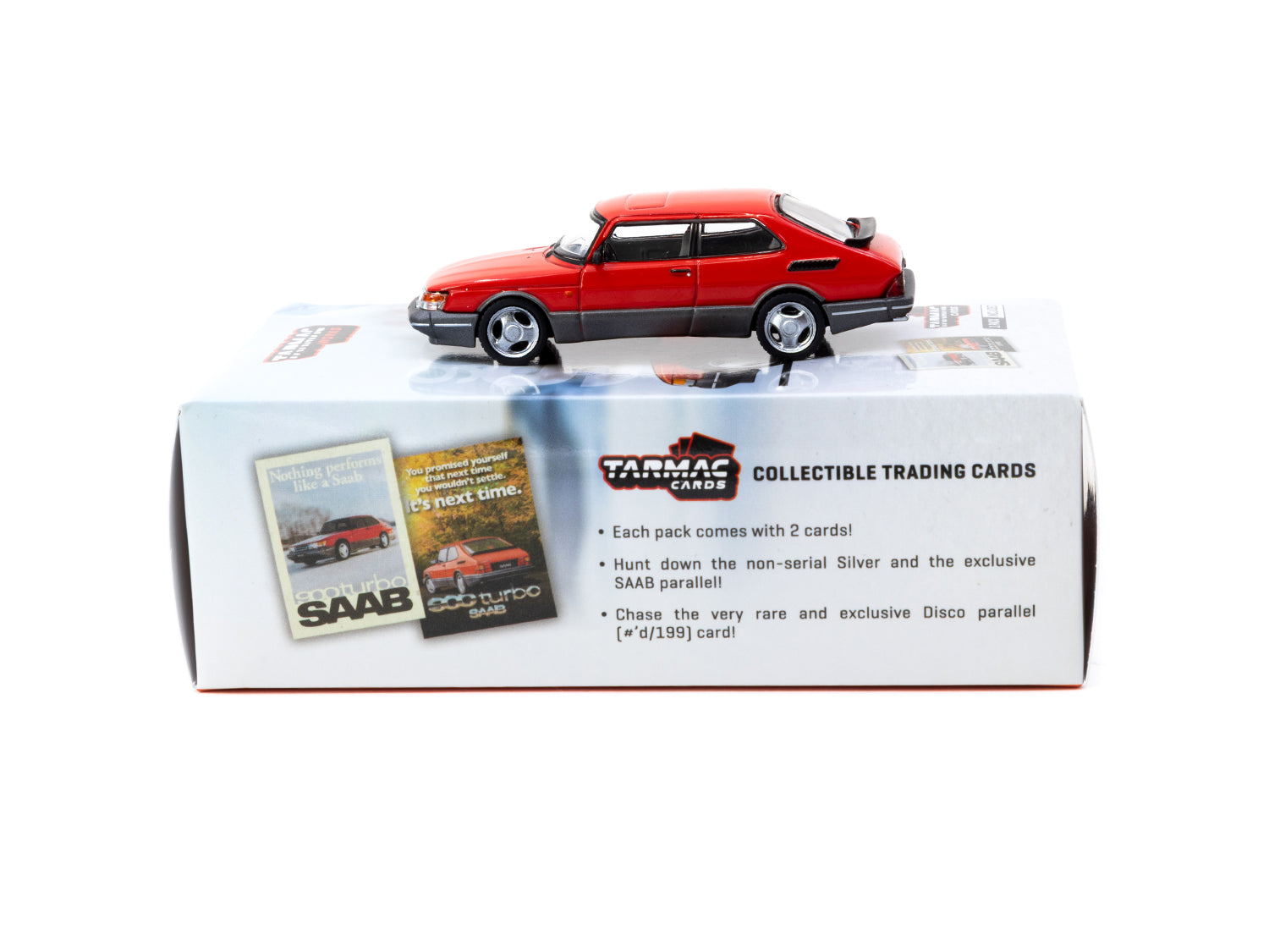 Tarmac Works 1/64 Scale Saab 900 Turbo Red Diecast Model Car with Collectible Tarmac Cards - Perfect for Diecast Collectors, Display, and Gifts