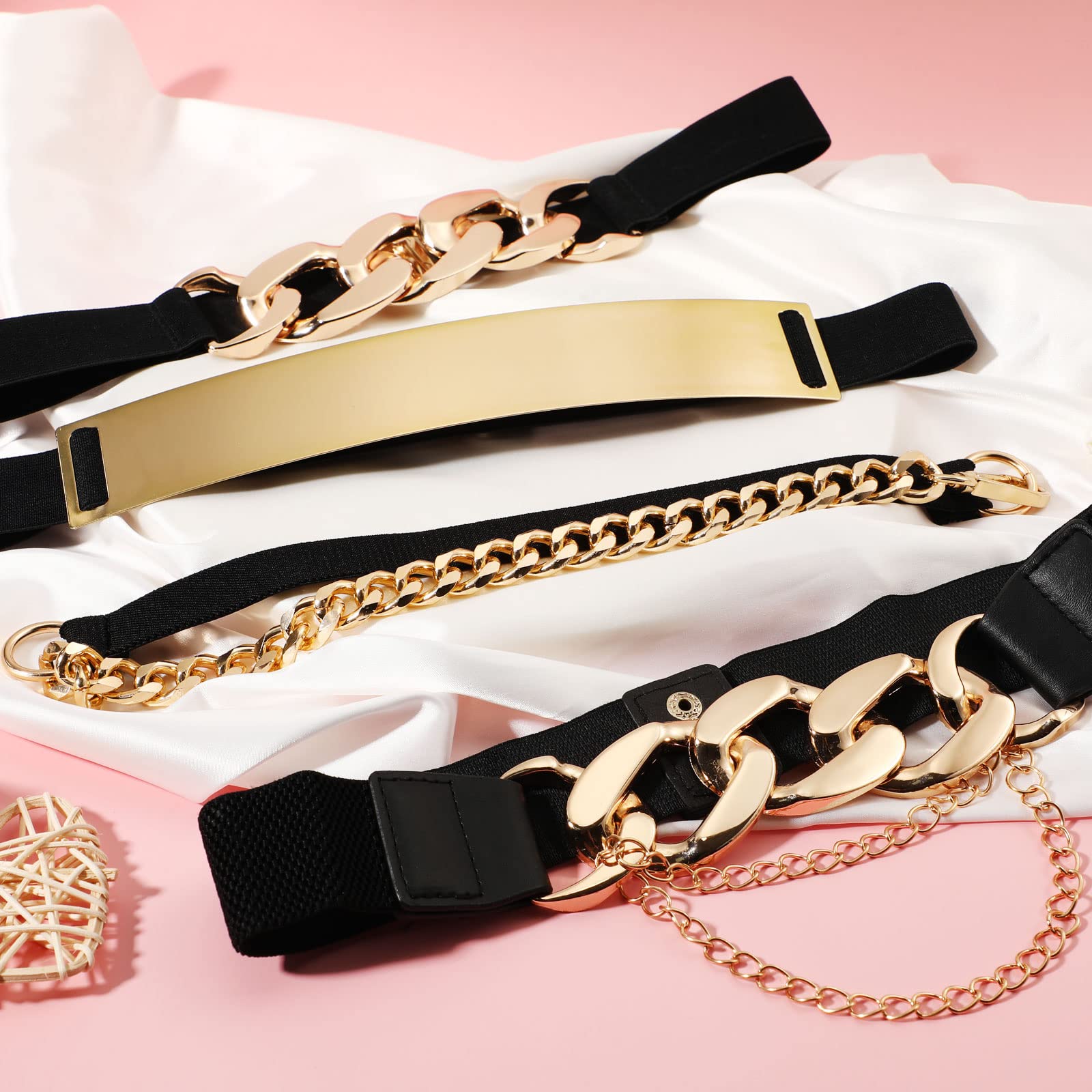 Zhanmai 4-Piece Women's Fashion Belt Set - Gold Metal Stretch Waist Belt, Skinny & Wide Chain Elastic Belts for Dresses, Jeans & Outfits | Perfect for Casual, Office & Party Wear