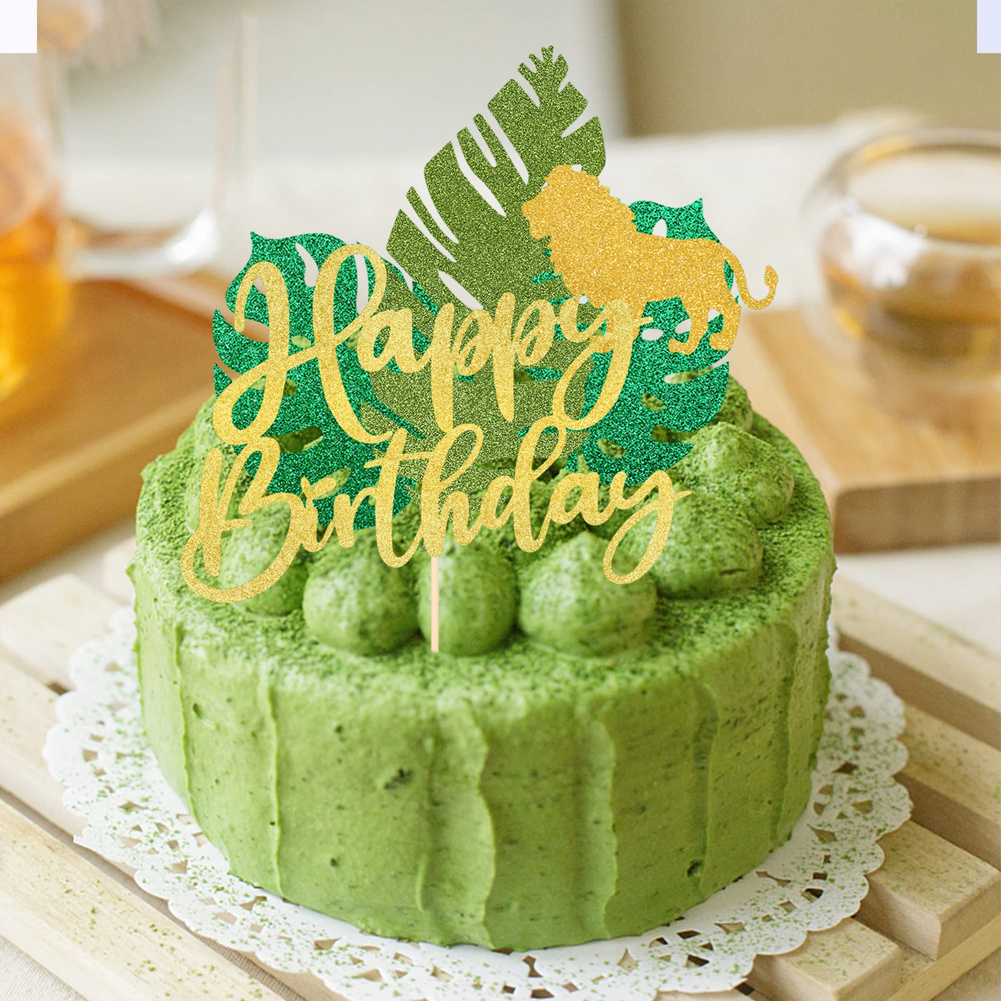 Rsstarxi 1 Pack Happy Birthday Tropical Leaves Cake Topper with Glitter Jungle Animal Lion Cake Picks - Jungle Theme Party Decorations for Baby Showers, Kids Birthday Parties & Cake Decorating | Perfect for Safari, Zoo, and Jungle Themed Celebrations
