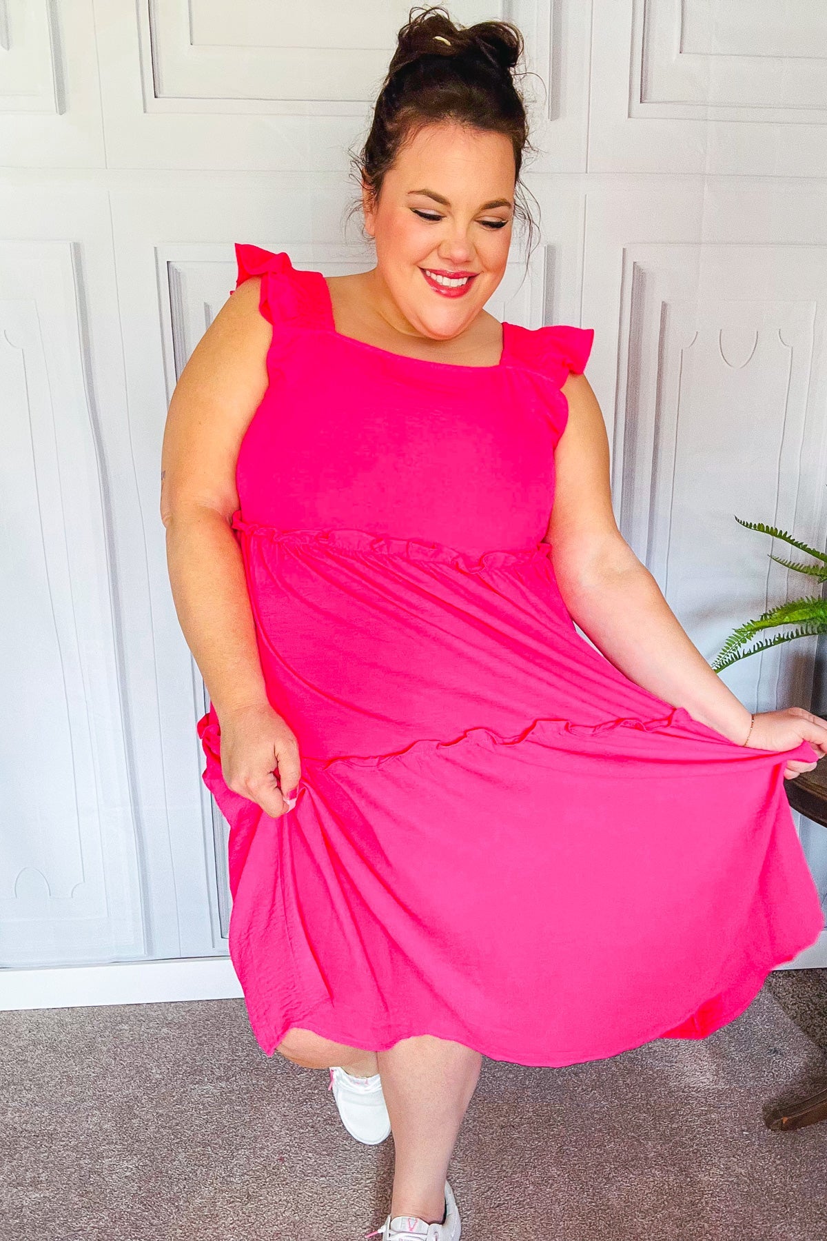 Fuchsia Smocked Flutter Sleeve Tiered Midi Dress for Women - Elegant Summer Casual & Wedding Guest Outfit