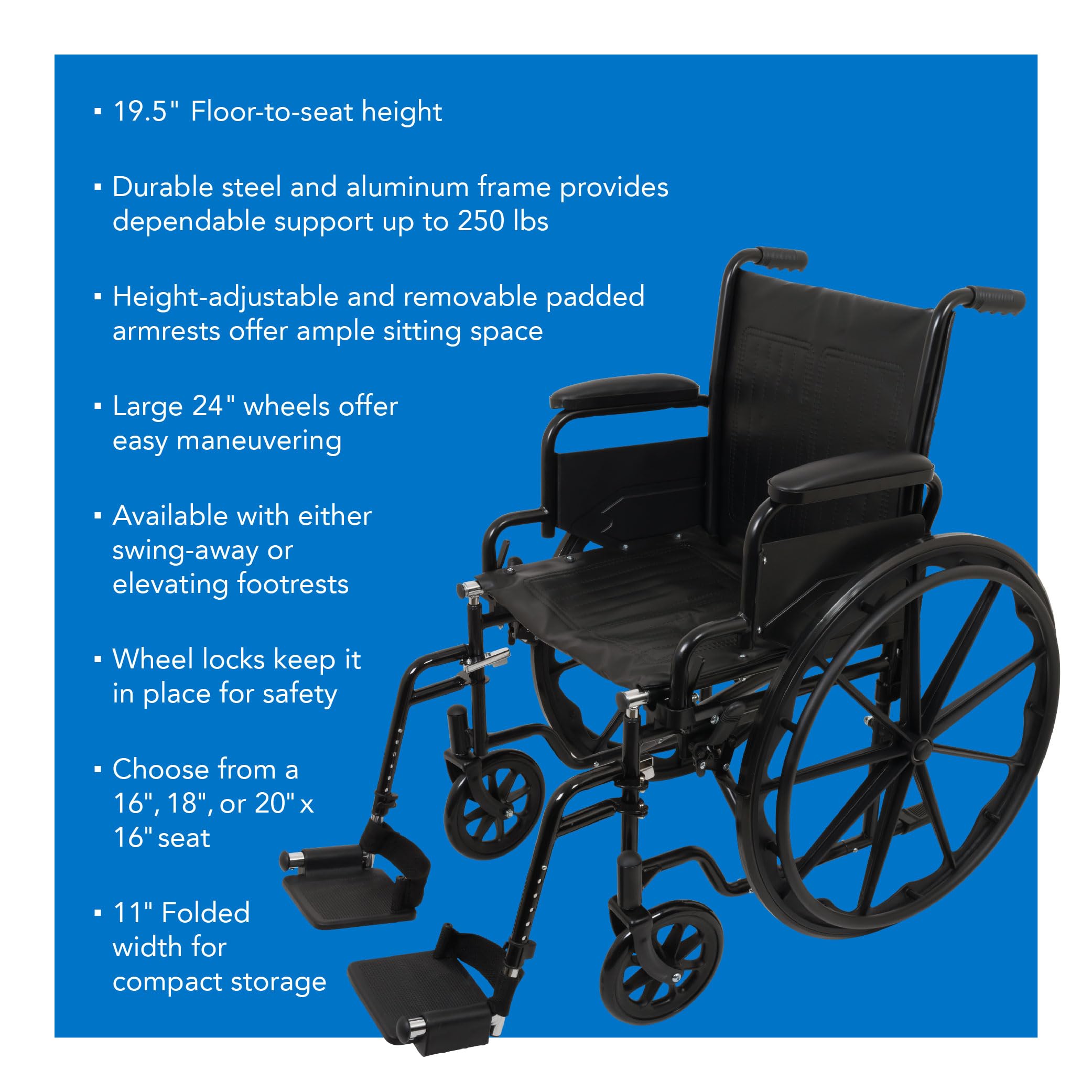 ProBasics Standard Wheelchair with Flip Back Desk Arms - 250 lbs Weight Capacity - Black - Swing-Away Footrest - 16