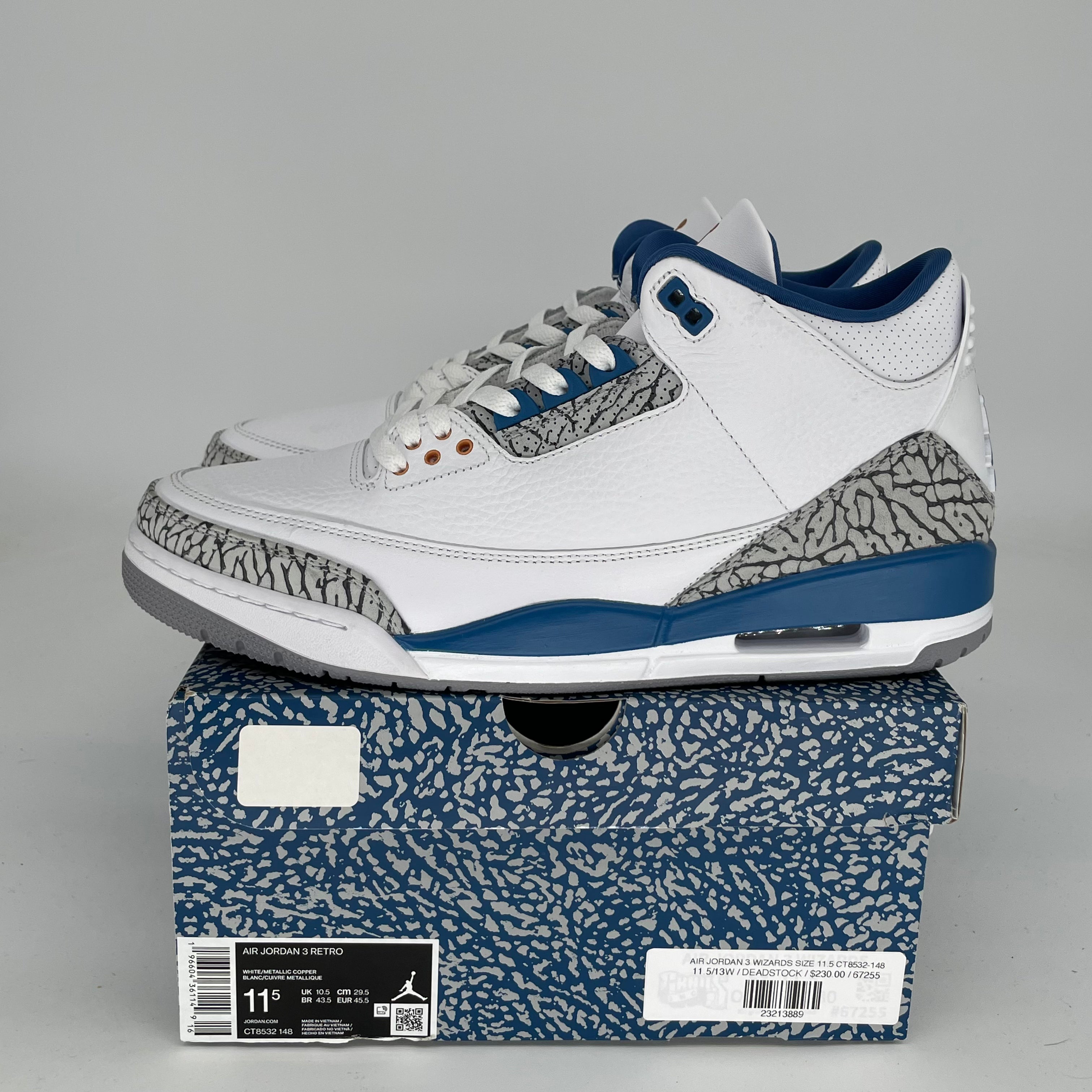 Original Air Jordan 3 Retro 'Wizards' Basketball Shoes - Size 11.5 (CT8532-148) - Men's Sneakers for Casual Wear & Street Fashion