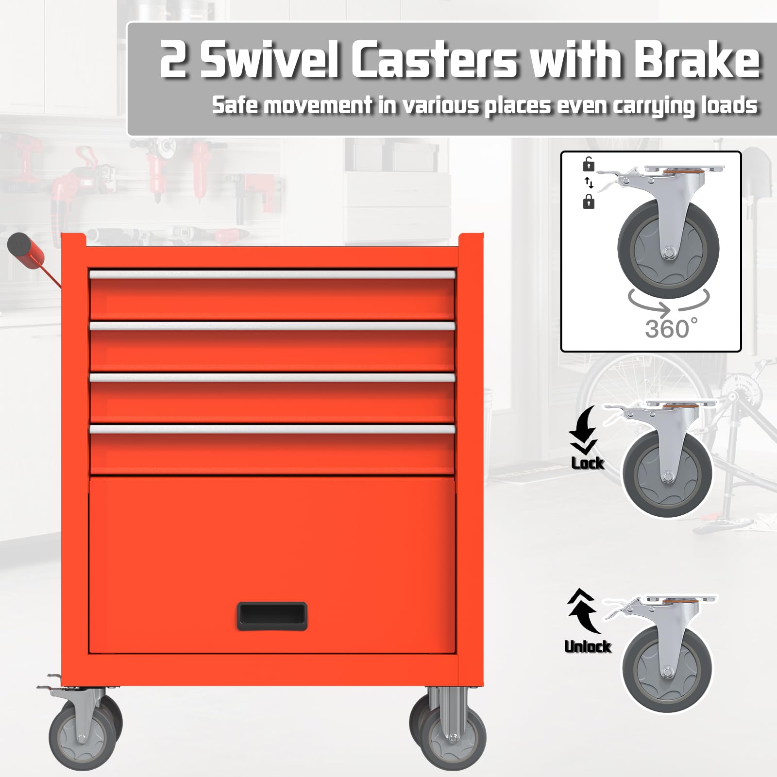 Heavy Duty 4-Drawer Rolling Tool Chest with Lockable Wheels | Metal Tool Storage Cabinet with Drawer Liners | Perfect for Garage Organization, Auto Repair Shops & DIY Workshops | Red Tool Cart for Professional Mechanics