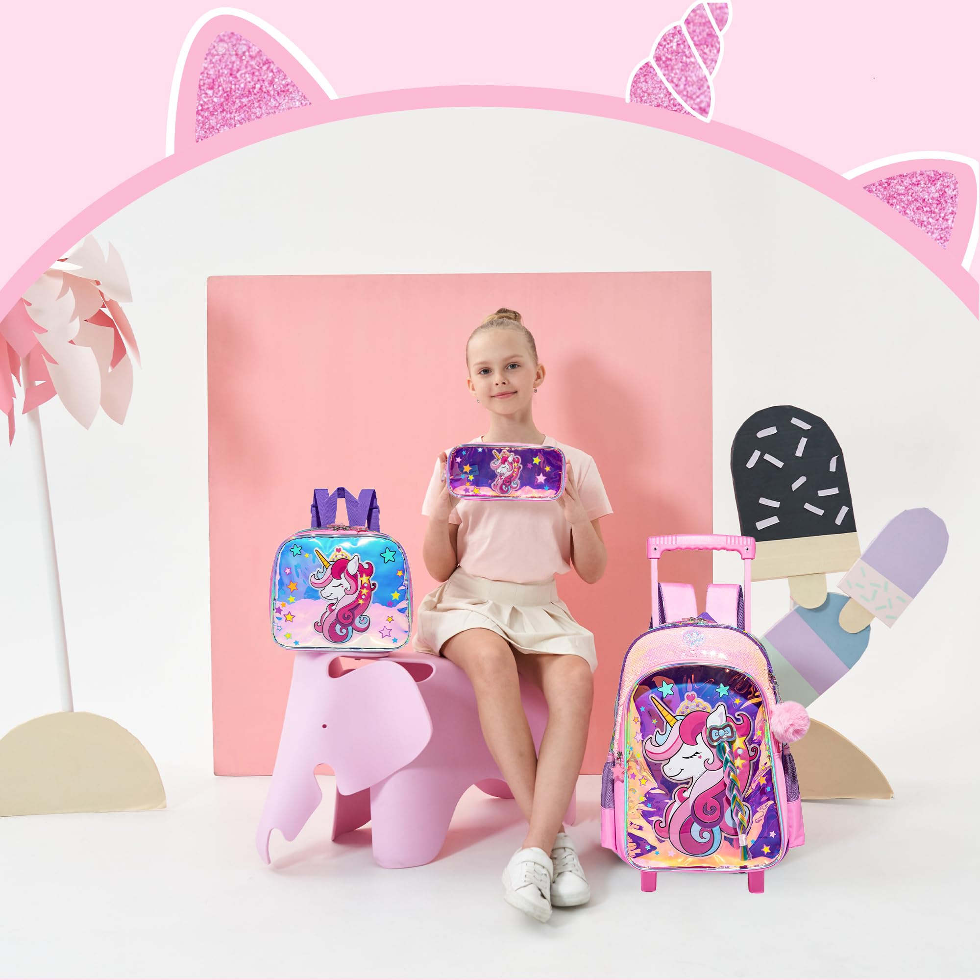 **Unicorn Rolling Backpack for Girls - Cute Wheeled School Backpack with Lunch Box & Pencil Case Set - Perfect for Elementary & Primary School Students - Great for Daily Use, Travel & Outdoor Activities**
