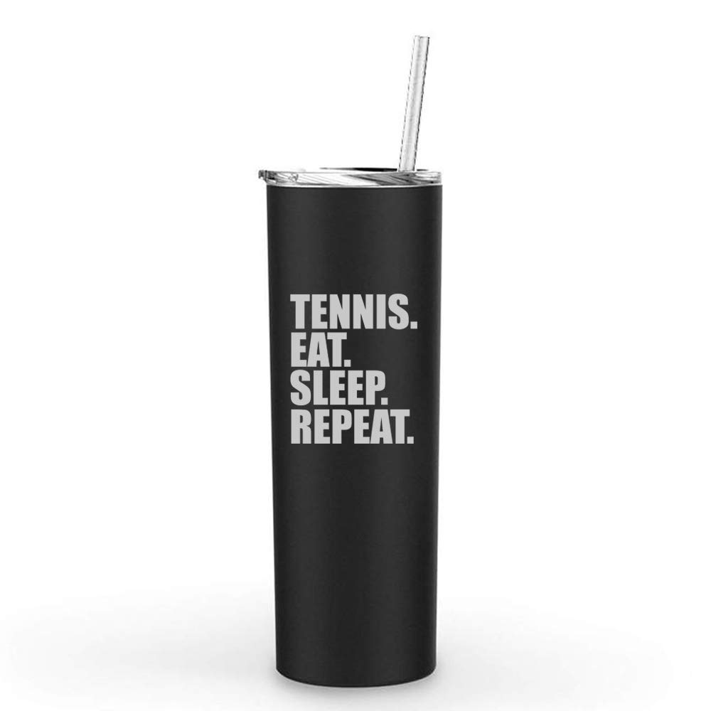 20 oz Skinny Tall Stainless Steel Vacuum Insulated Tumbler with Straw - Leakproof Travel Mug for Coffee, Tea & Cold Drinks - Perfect for Gym, Office & Outdoor Activities (Black, Tennis Eat Sleep Repeat Design)