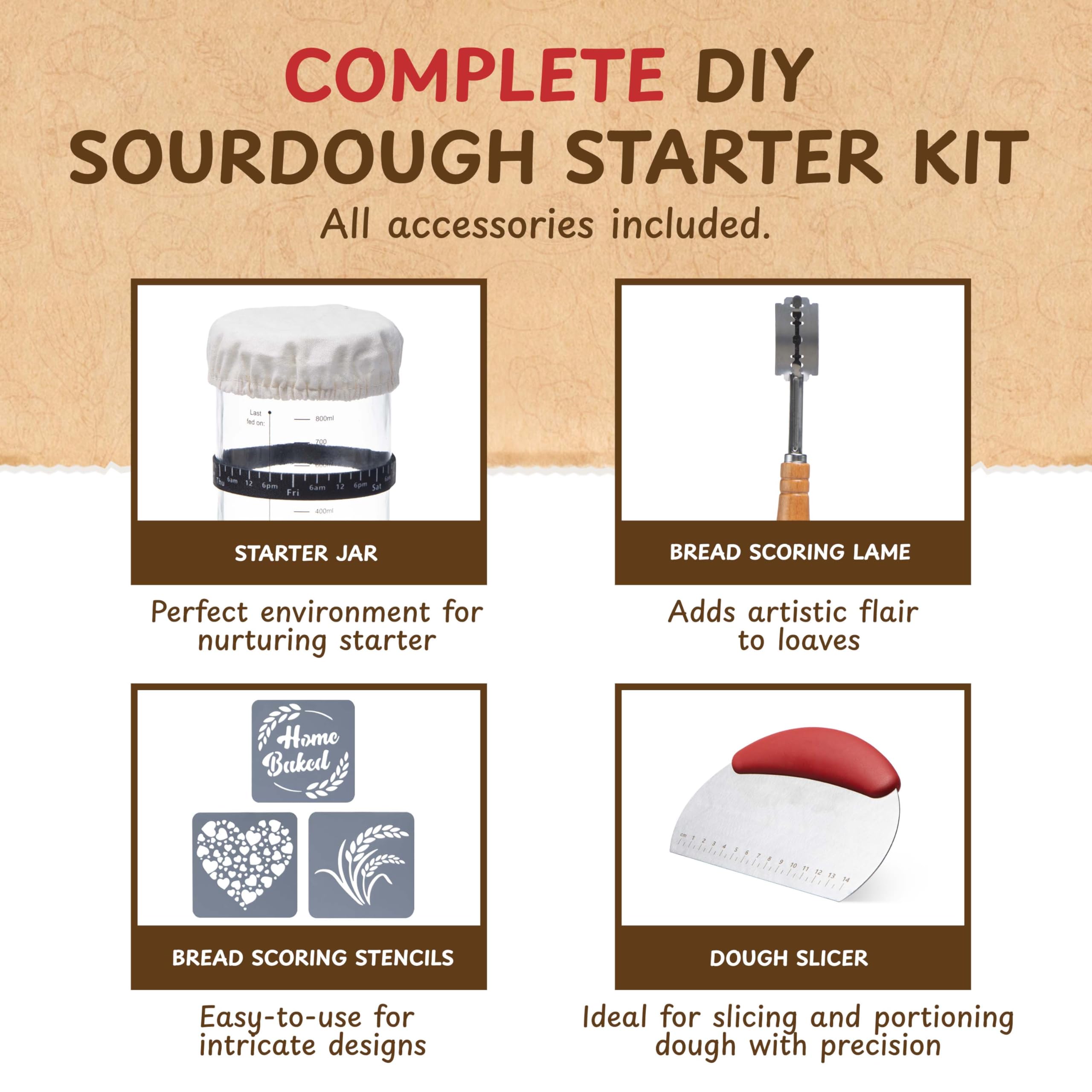 Organic Sourdough Bread Starter Kit - Glass Jar, Bread Lame, Recipe Book & Baking Supplies for Homemade Artisan Bread | Perfect for Beginners, Gifts & Home Baking Enthusiasts
