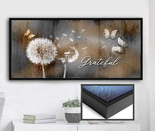 Grateful Dandelions Wall Art with Butterfly Decor - Rustic Bedroom Pictures for Wall in Brown & Black Floating Frame (42x19) - Perfect for Farmhouse, Boho & Cottage Style Home Decor