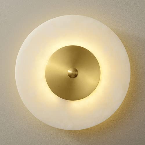 Modern Round Copper Wall Sconce with Marble Shade - LED Wall Mounted Light Fixture for Bedroom Headboard, Living Room, Hallway & Study - Dimmable Ambient Lighting for Home Decor