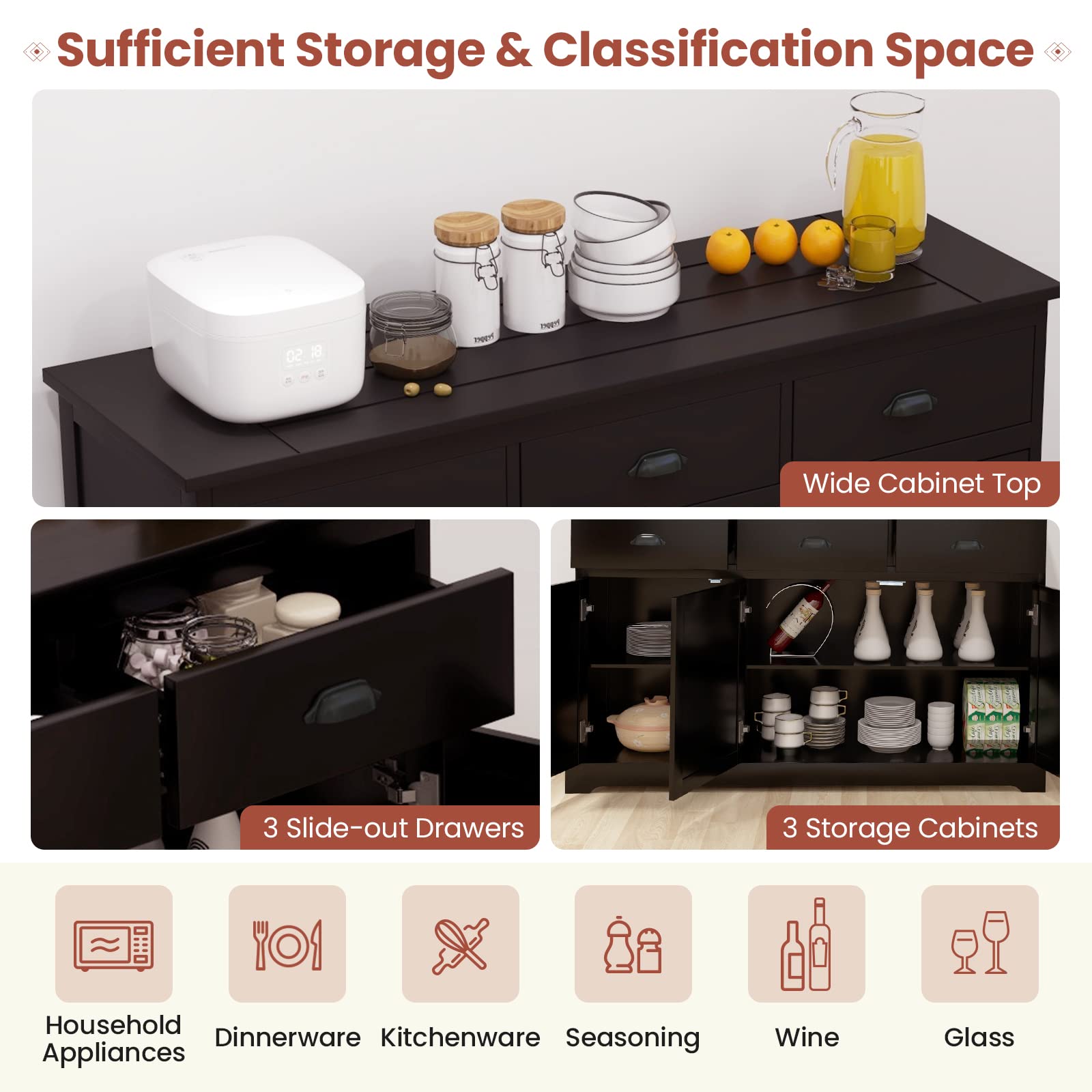 Giantex Sideboard Buffet Server - 2 Cabinets & 3 Drawers Storage Cabinet with Adjustable Shelves, Brown - Perfect for Kitchen, Dining Room & Entryway Organization