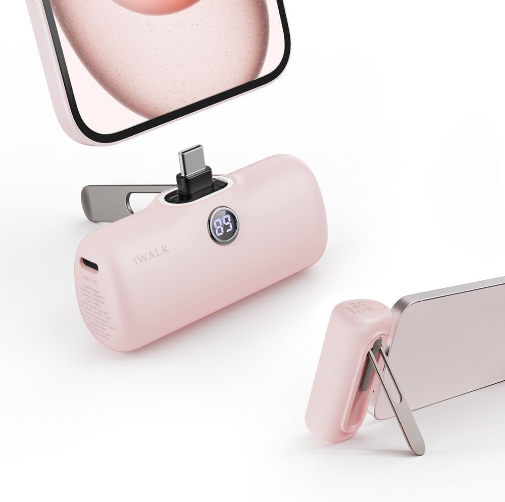 iWALK Small Portable Charger 5000mAh - 20W PD Fast Charging USB-C Power Bank with LED Display | Compatible with iPhone 16/15/15 Plus/15 Pro/15 Pro Max & Samsung | Pink - Perfect for Travel, Work, and Outdoor Adventures