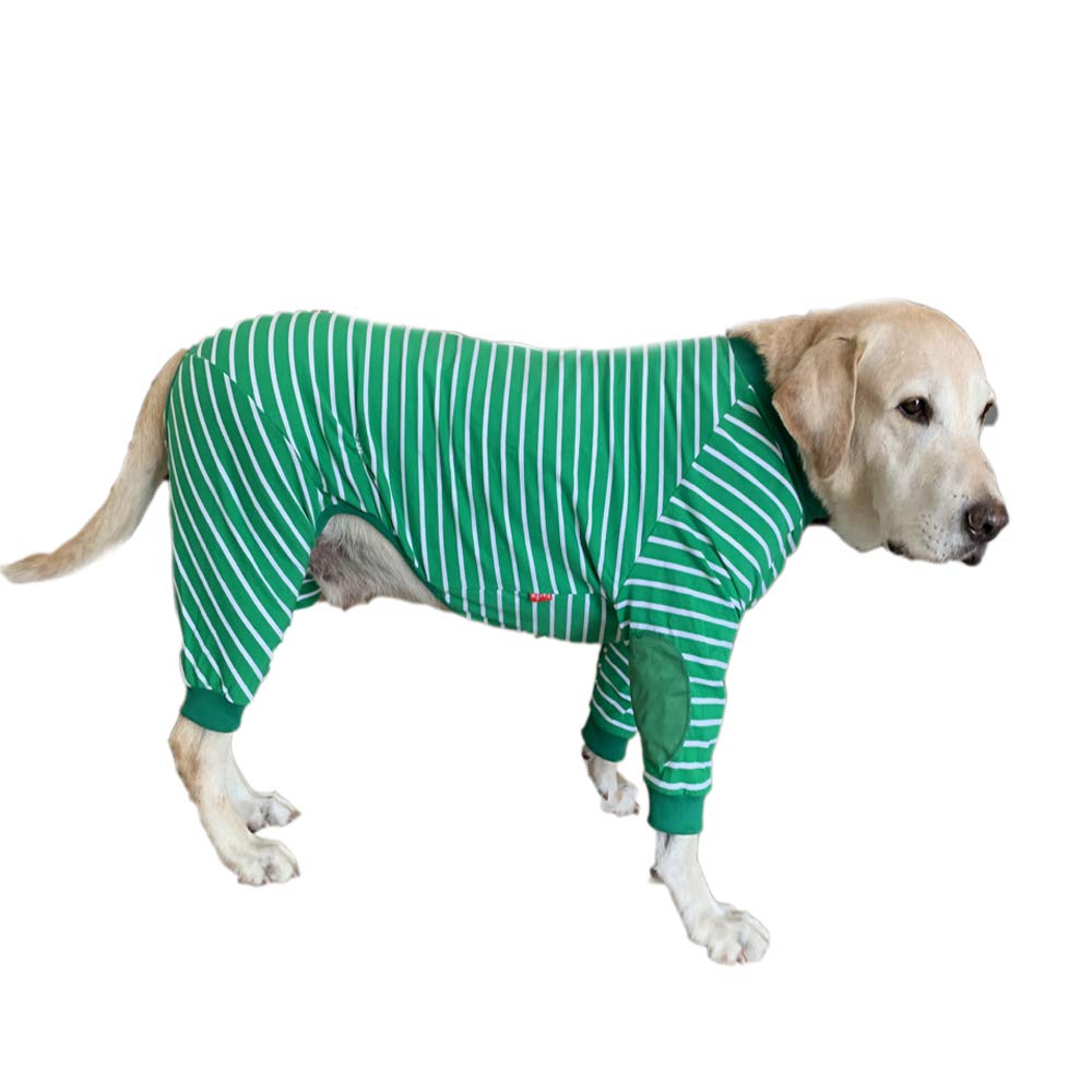 Large Dog Striped Jumpsuit - 4-Legged Cotton Pajamas with Zipper for Big Dogs (Size 6, Green) - Cozy Pet Clothes for Winter & Indoor Lounging