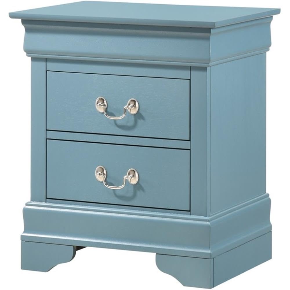 Glory Furniture Louis Phillipe 2-Drawer Nightstand in Teal Blue - Modern Bedside Table for Bedroom Decor & Storage